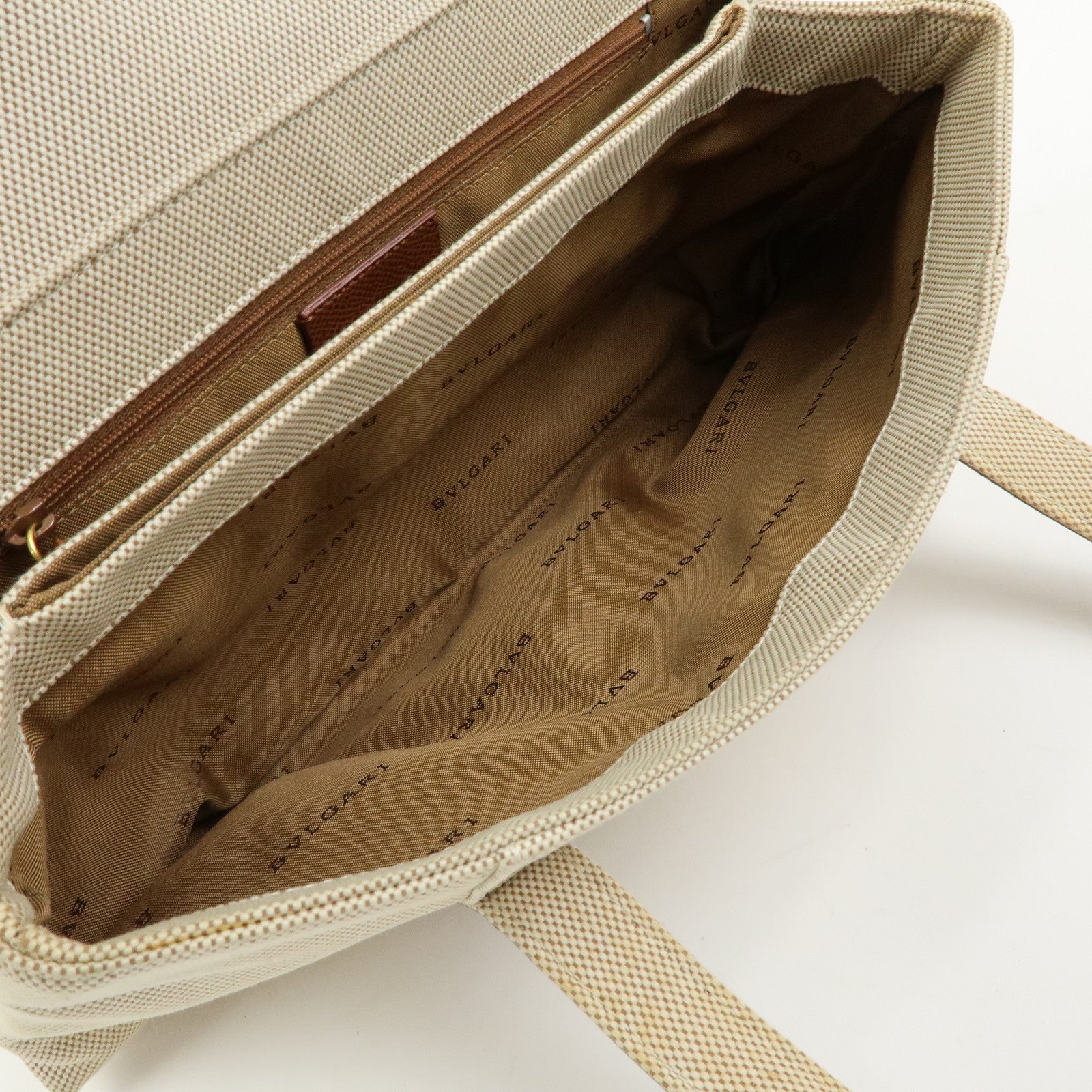 BVLGARI Canvas Leather Flap Shoulder Hand Bag Beige Brown
