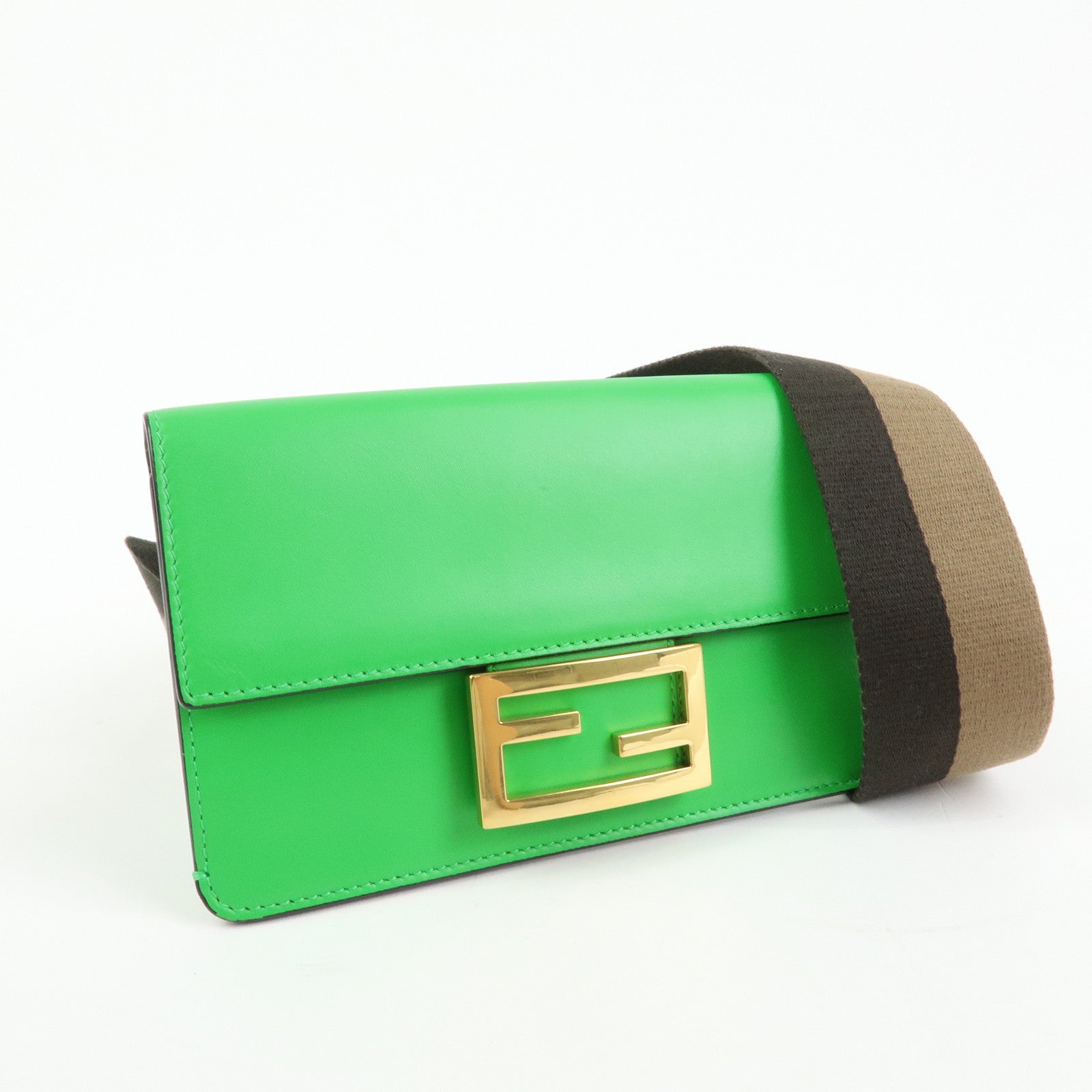 Fendi Flat Baguette Leather Shoulder Bag Green Brown 8BS039