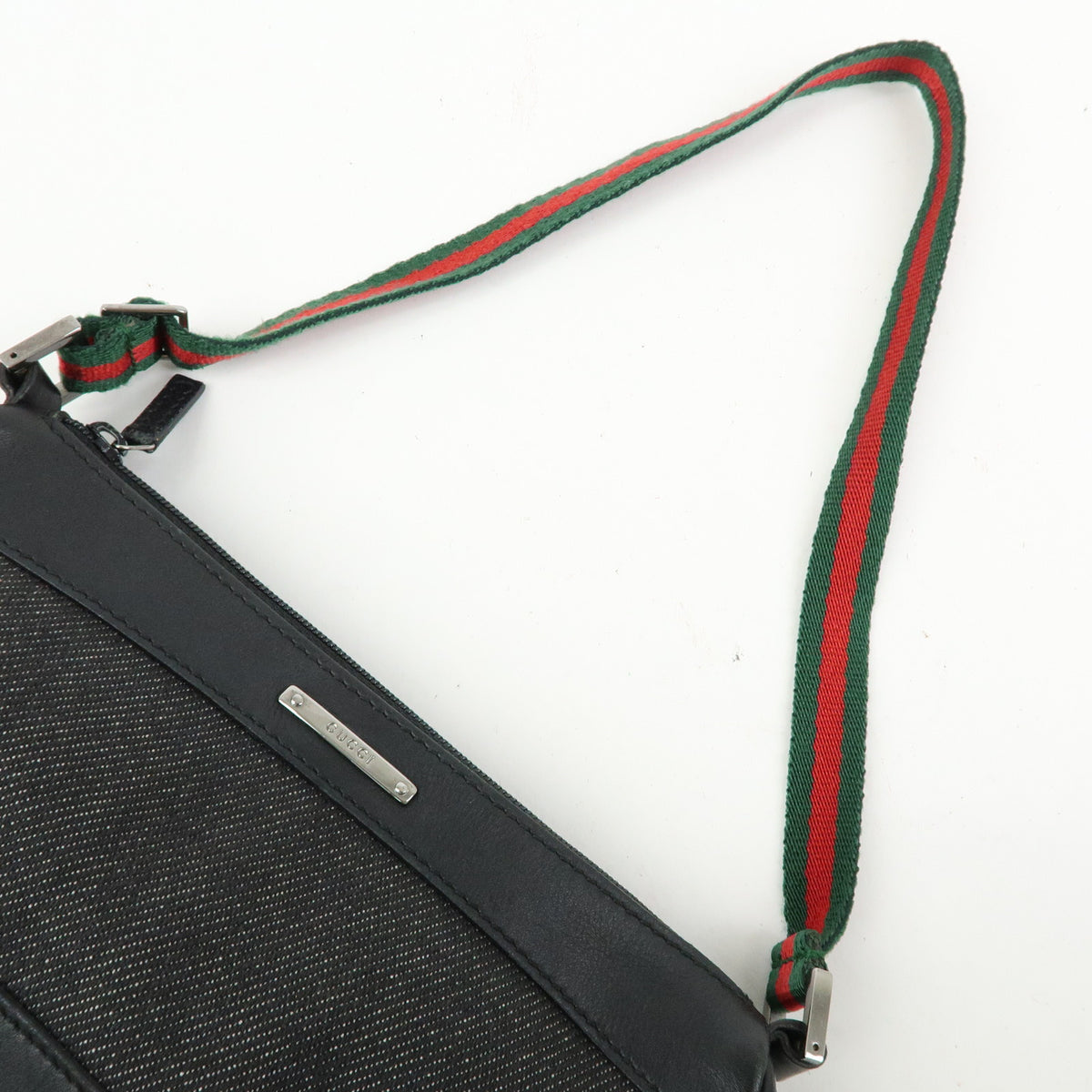 GUCCI Sherry Accessory Pouch Denim Canvas Leather Hand Bag Black 92820