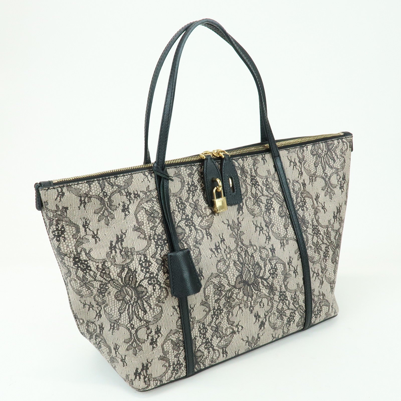 Dolce & Gabbana PVC Leather Tote Bag Shoulder Bag Lace Print Ivory