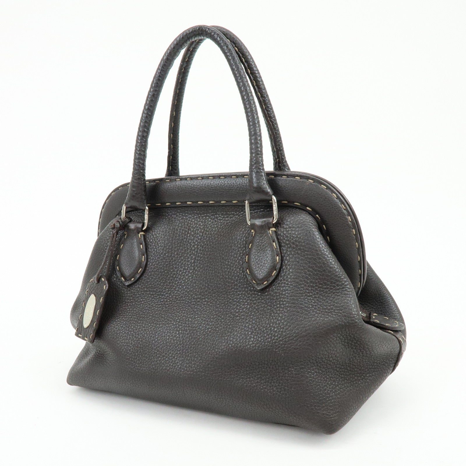 FENDI Selleria Stitches Leather Boston Bag Hand Bag Dark Brown 8BN127