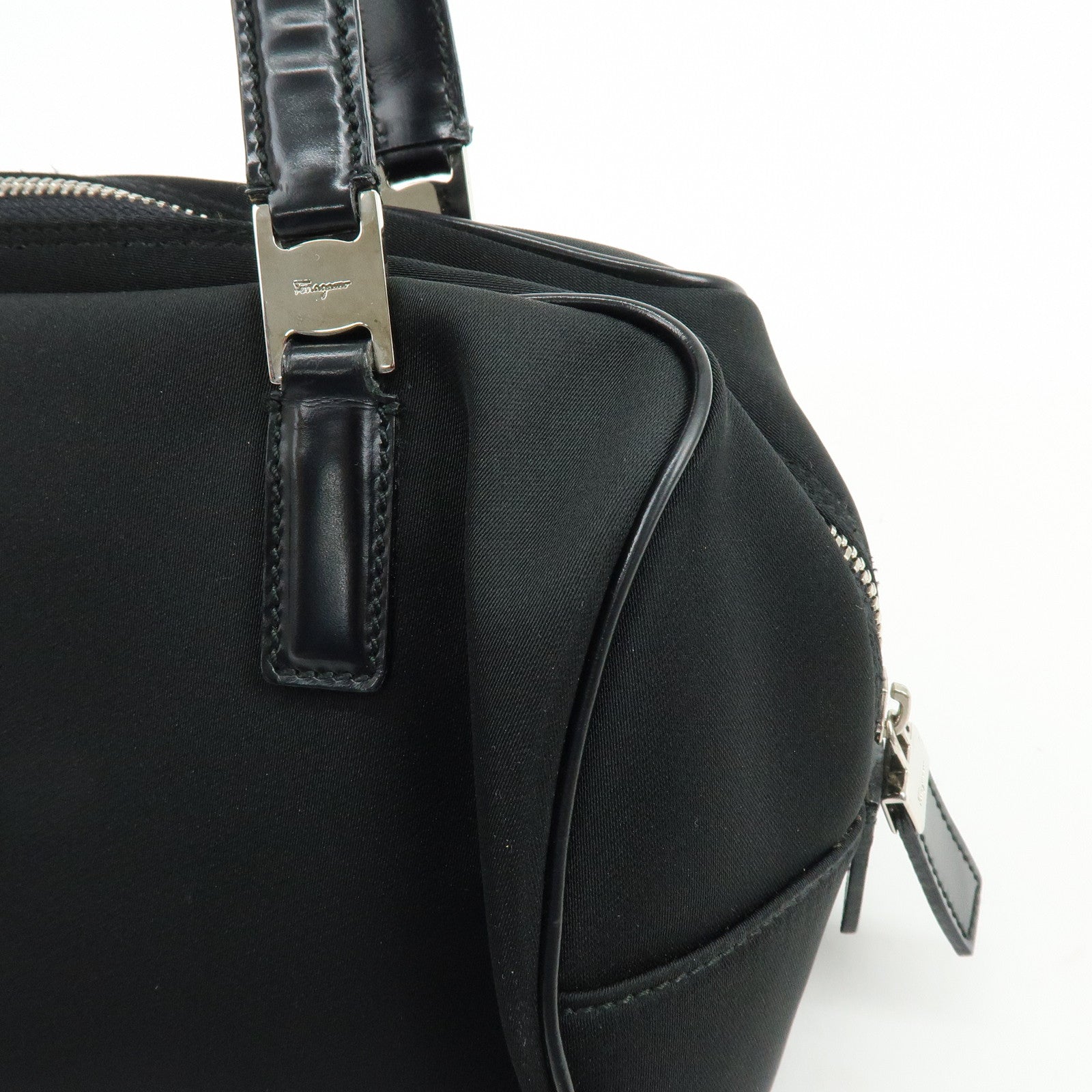 Ferragamo Nylon Leather Hand Bag Mini Boston Bag Black
