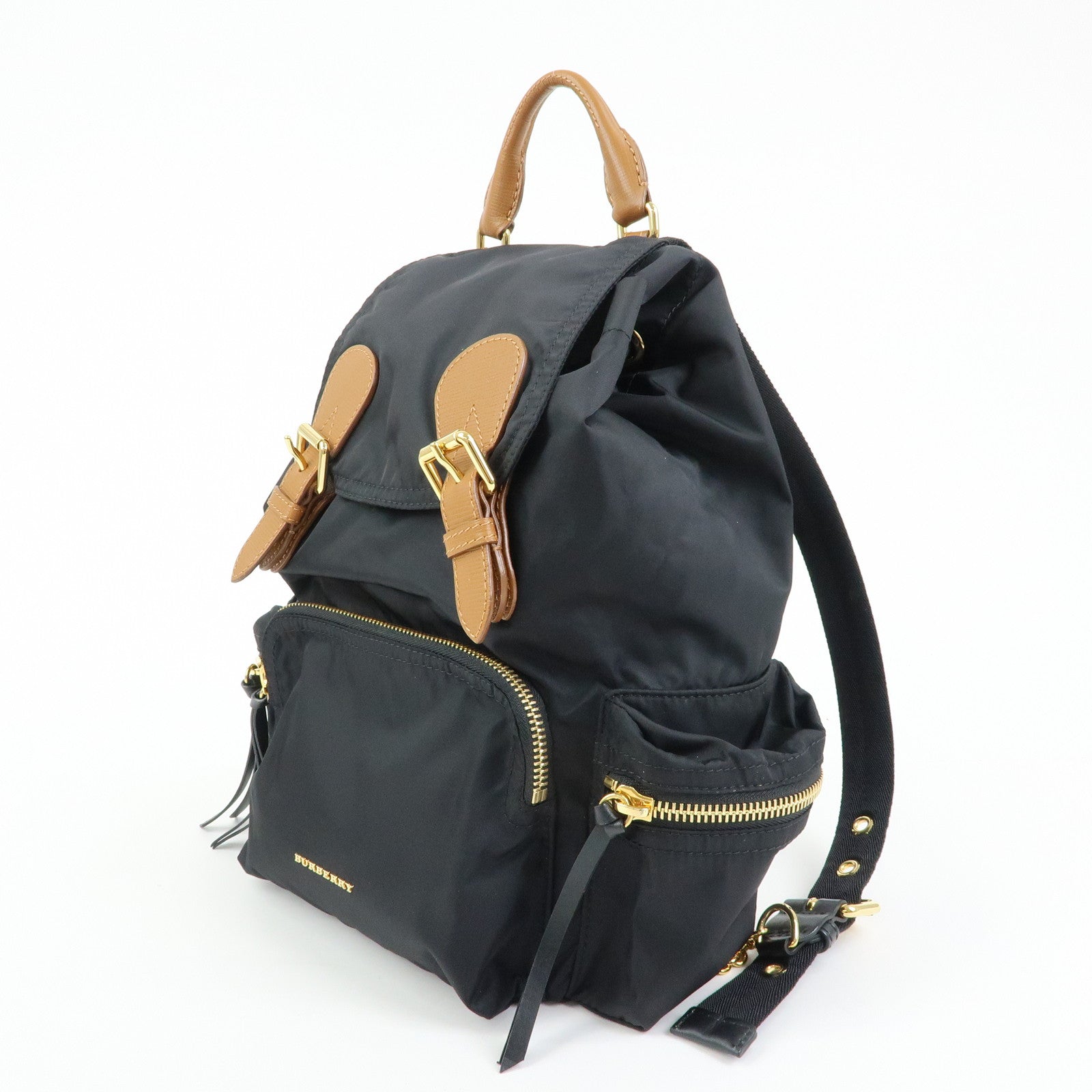 BURBERRY Nylon Leather Backpack Rucksack Gold Chain Black