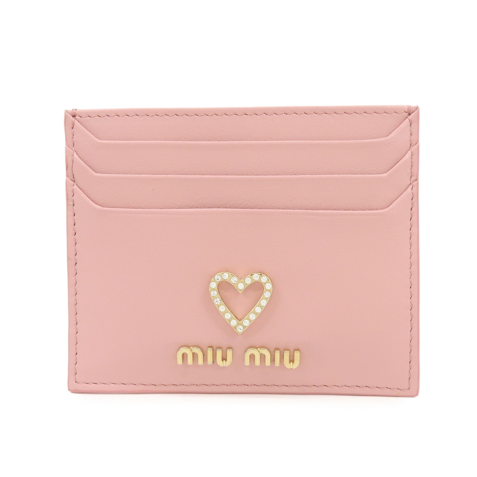 MIU MIU Leather Card Case Valentine Limited Heart Motif Rhinestone Pink