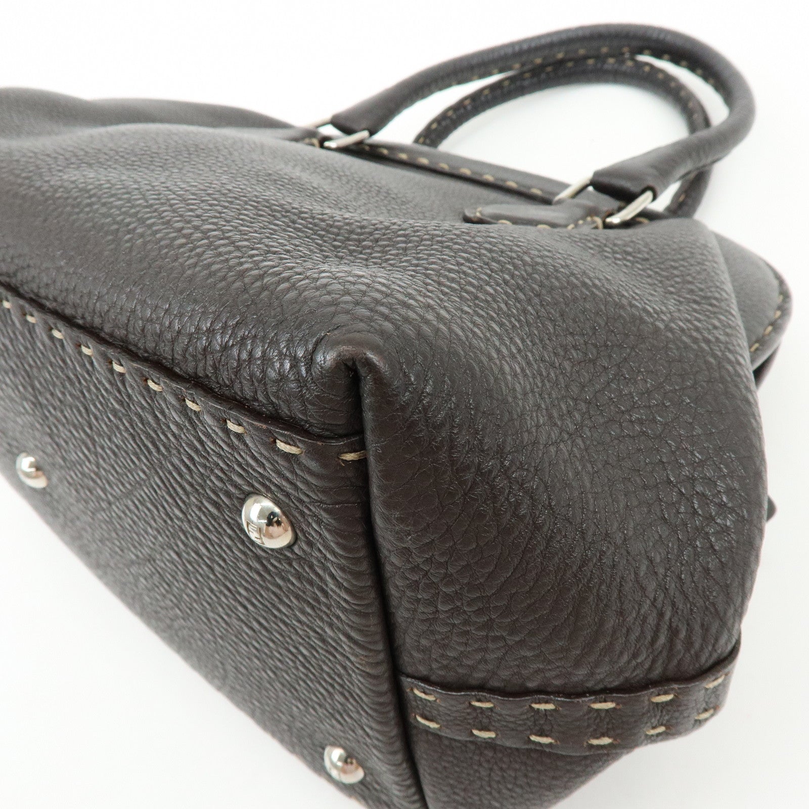 FENDI Selleria Stitches Leather Boston Bag Hand Bag Dark Brown 8BN127