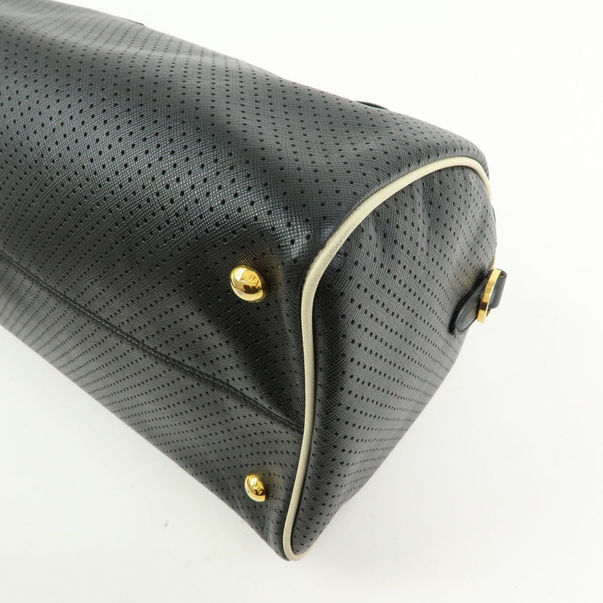 PRADA Triangle Logo Perforated Saffiano Leather 2Way Boston Bag Black