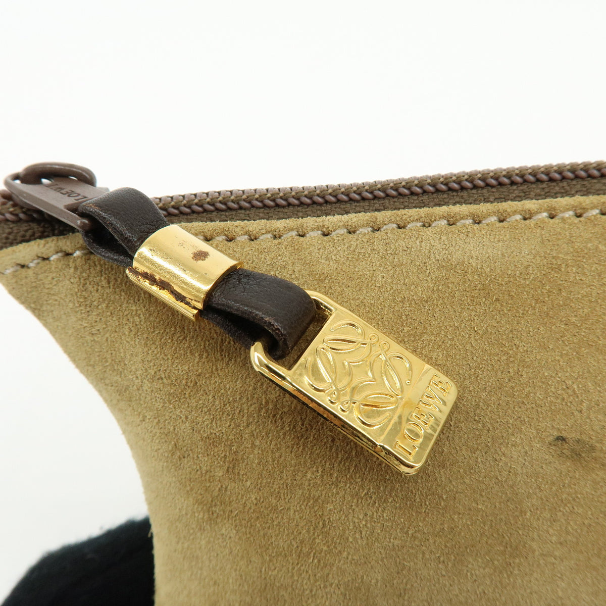 LOEWE Anagram Suede Accessory Pouch Makeup Bag Pouch Beige Gold