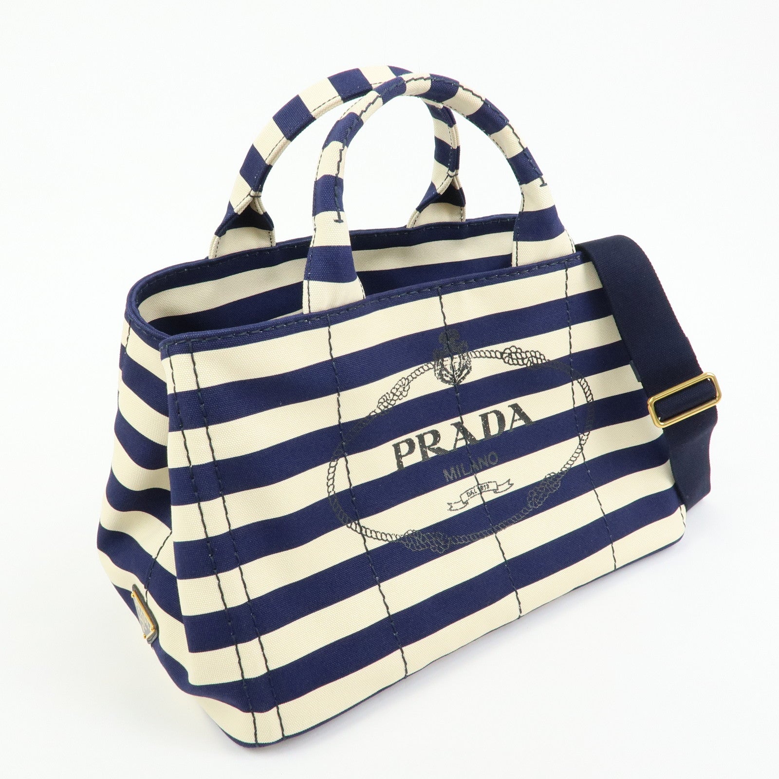 PRADA Canapa Canvas 2Way Bag Hand Bag Stripe Blue White B2642B