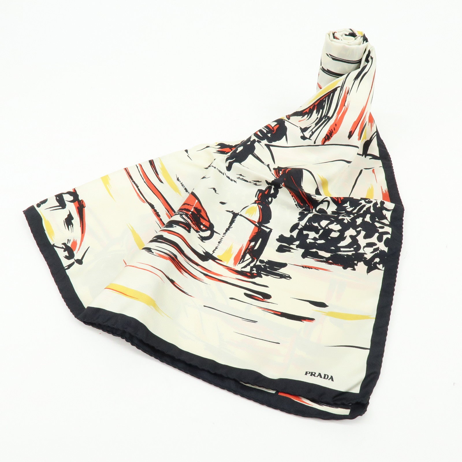 PRADA Silk Townscape Print Scarf Shawl White Black Red Yellow