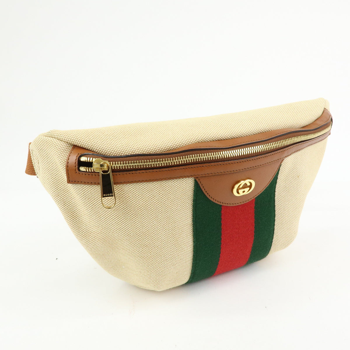 GUCCI Sherry Interlocking G Canvas Leather Waist Body Bag Beige 575082