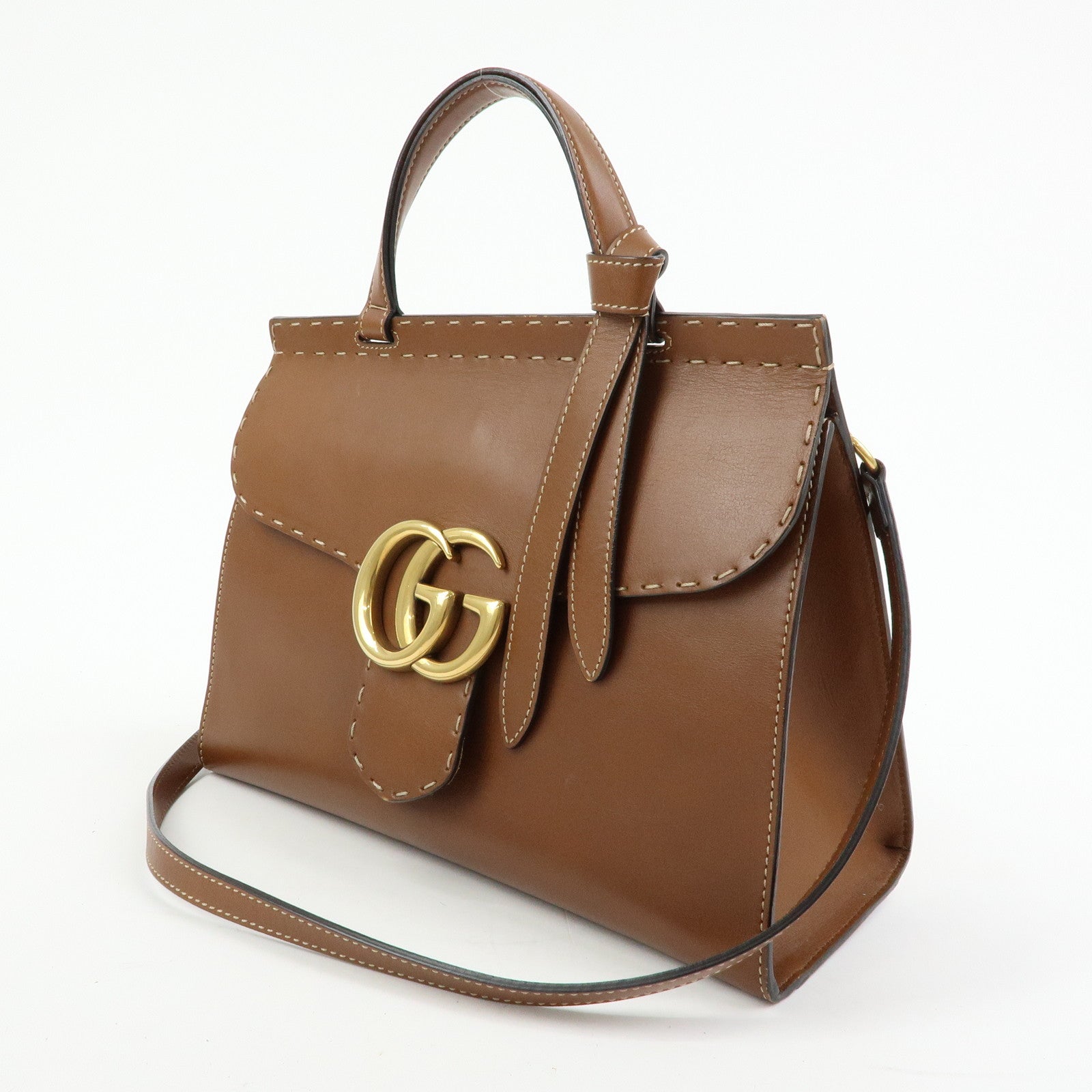 GUCCI Double G Leather 2Way Bag Hand Bag Shoulder Bag Brown 421890