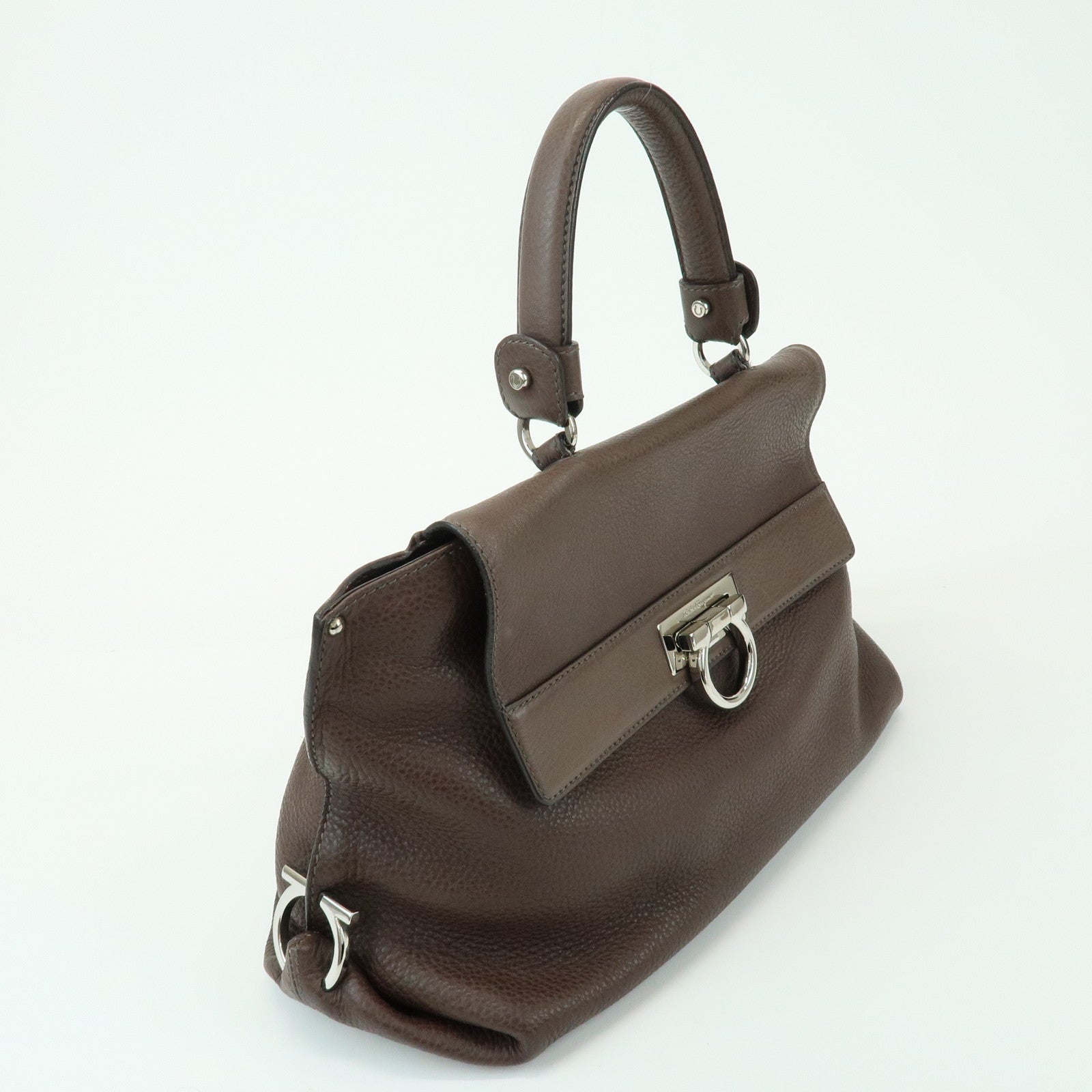 Ferragamo Gancini Leather Top Handle Hand Bag Brown