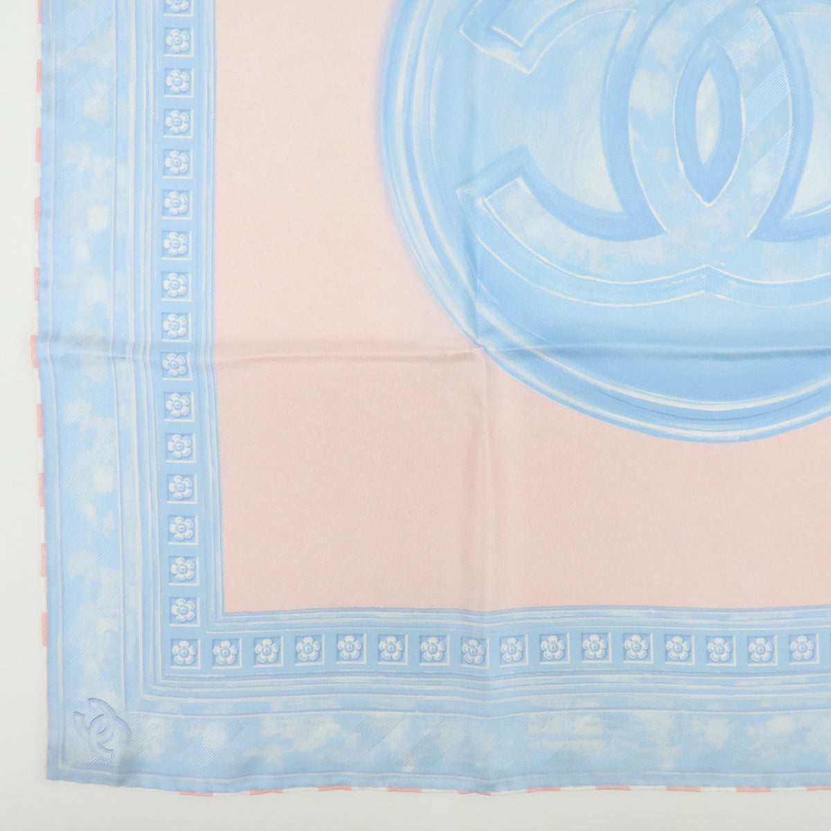CHANEL COCO Mark Silk 100% Scarf Pink Sky Blue White