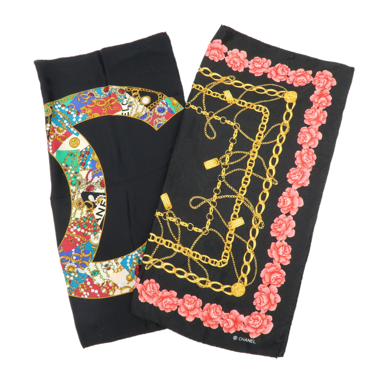 CHANEL Lot of 2 Silk 100% Scarf Flower Jewelry Motif Black Gold