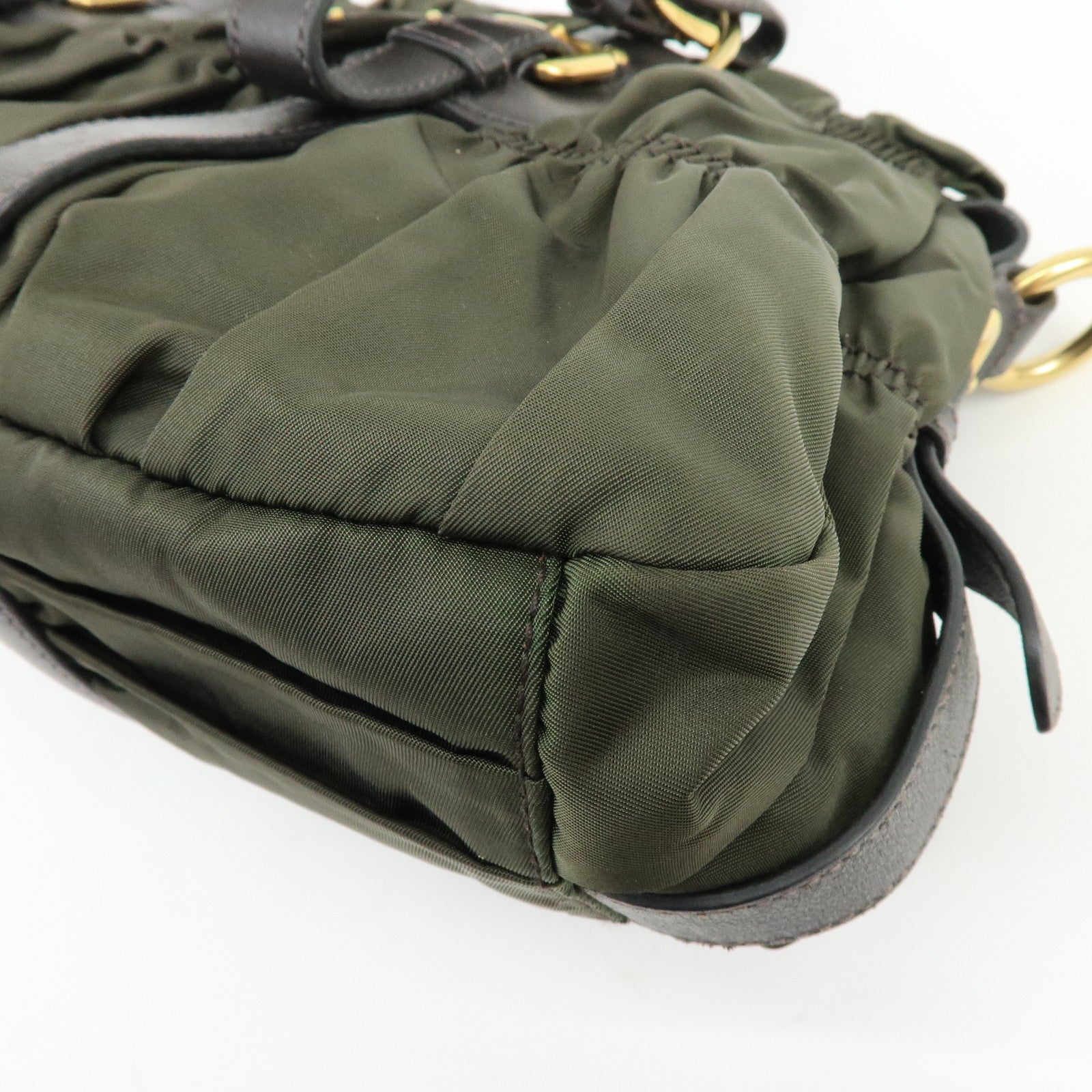 PRADA Triangle Logo Gathered Nylon Leather 2Way Bag Hand Bag BN1407