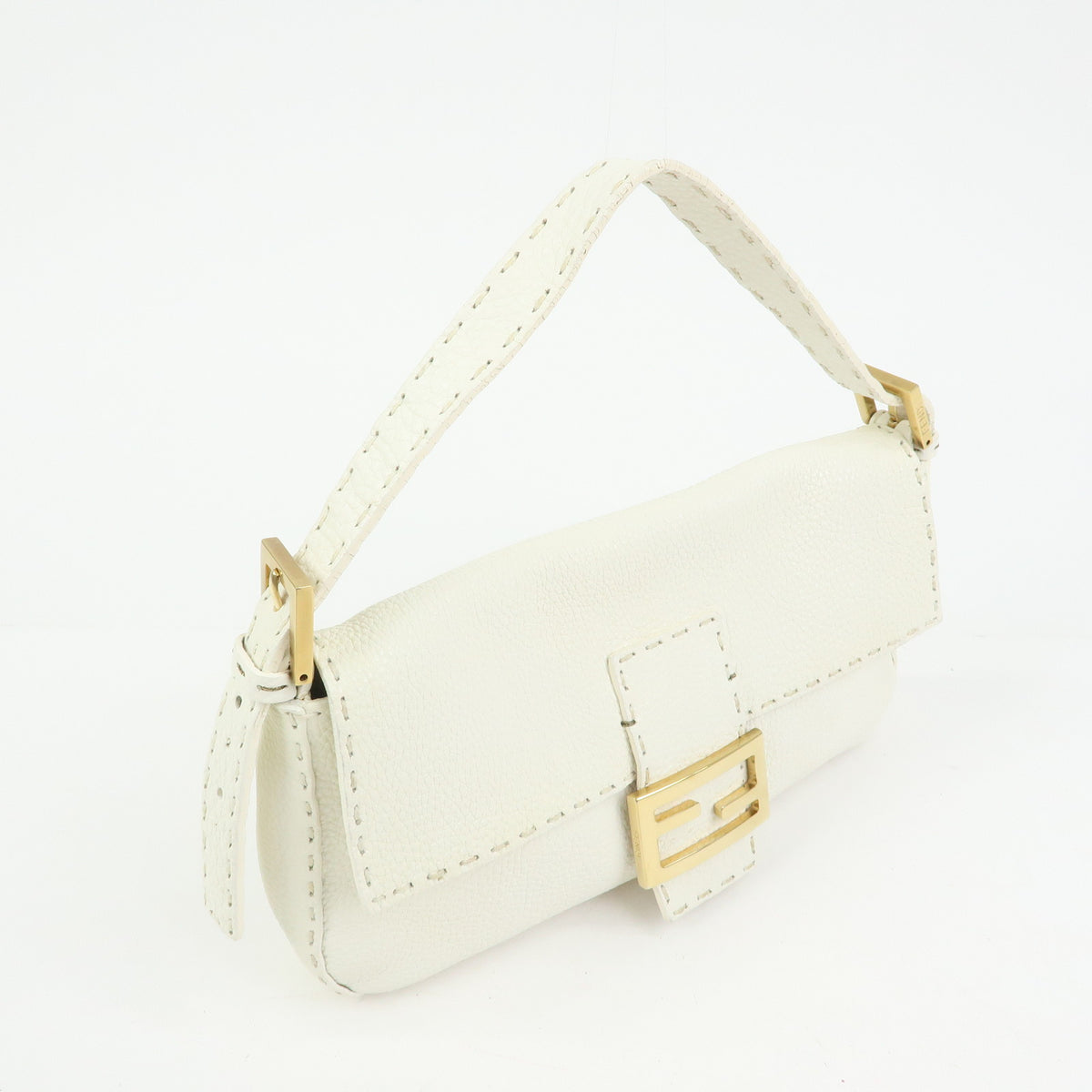 FENDI Selleria Mamma Baguette Leather Hand Bag White 8BR101