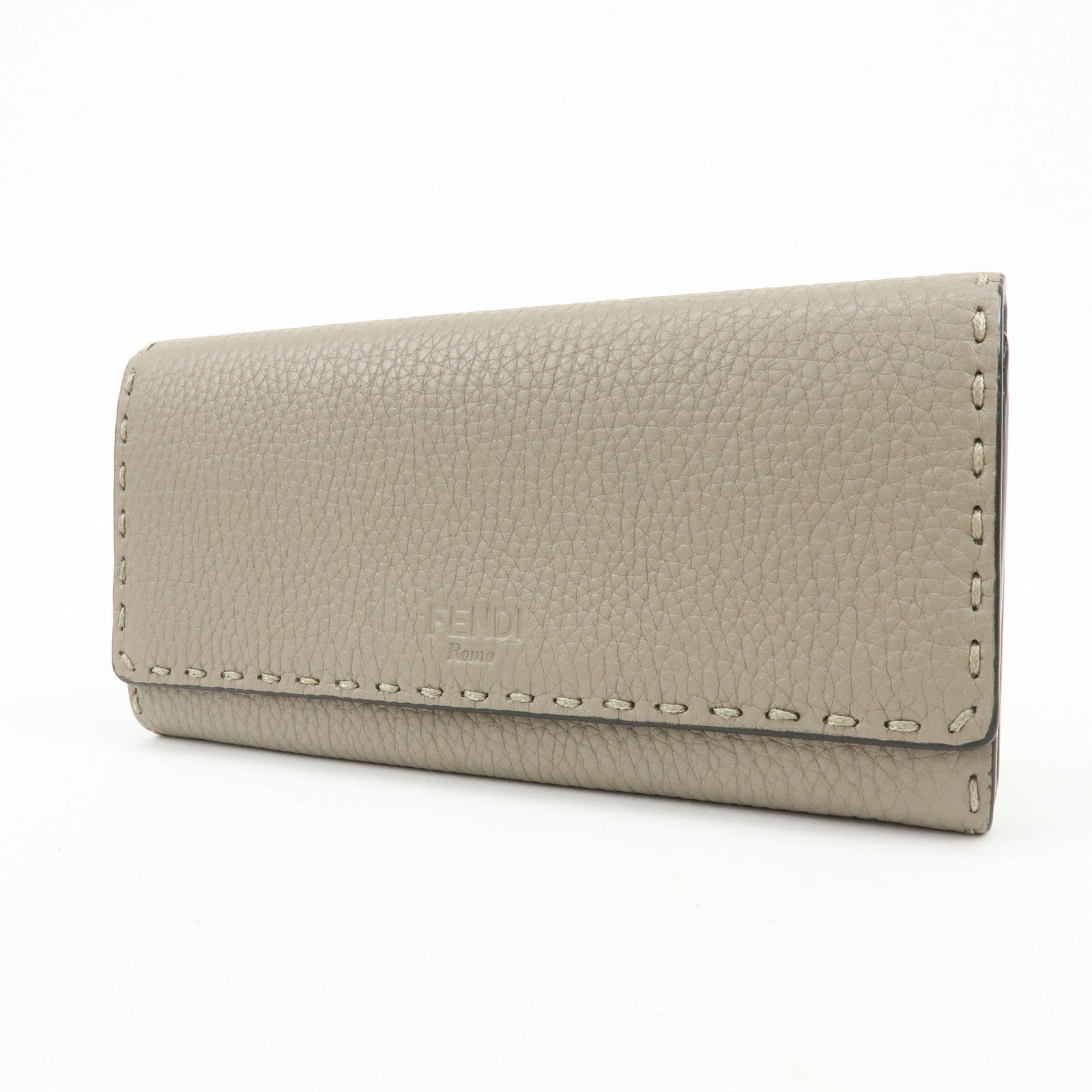 FENDI Selleria Leather Bi-fold Long Wallet Greige 8M0384