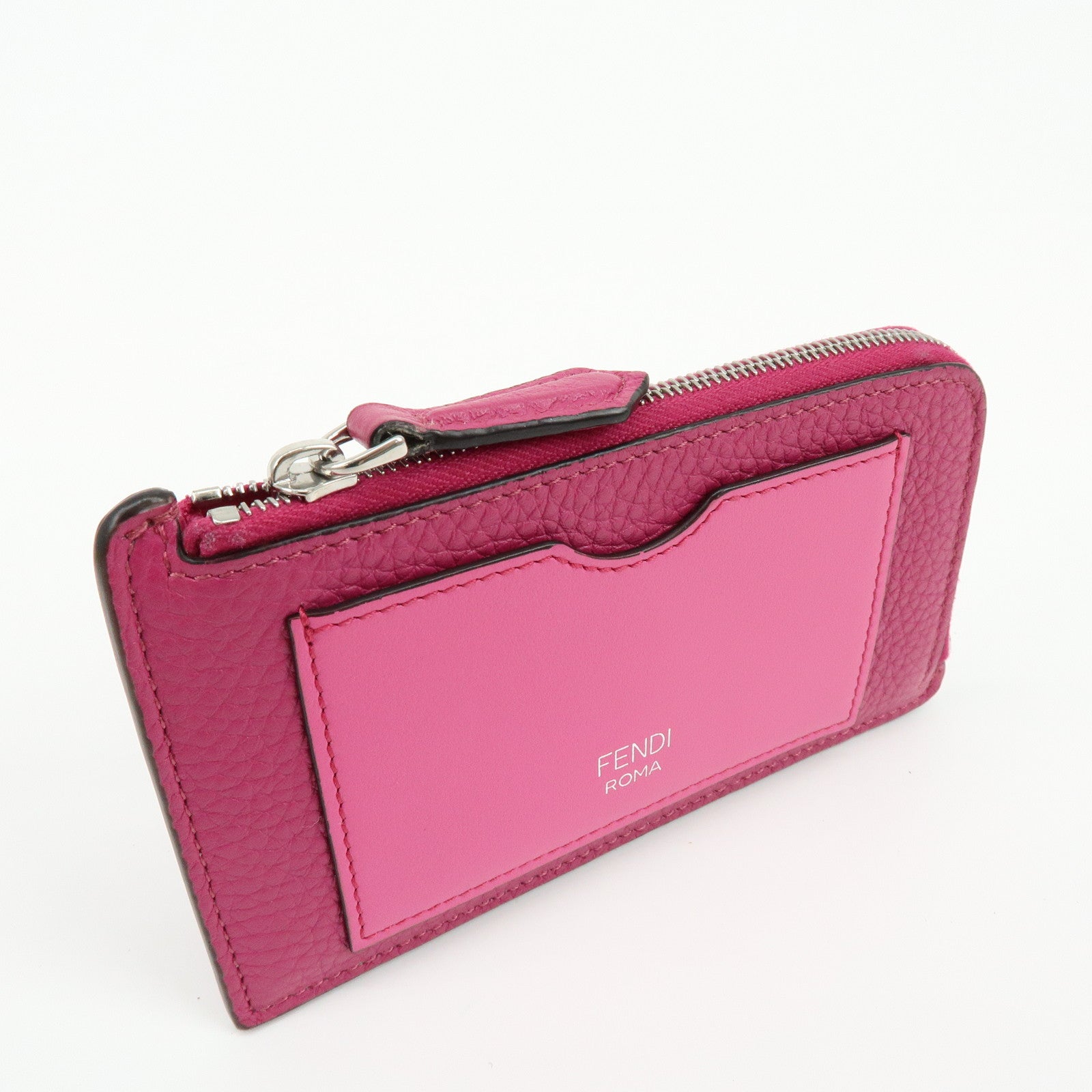 FENDI Logo Selleria Calf Leather Card Case Pink 8M0489