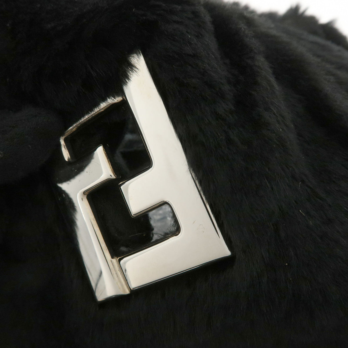 FENDI FF Logo Lapin Rabbit Fur Leather Shoulder Tote Bag Black 16001