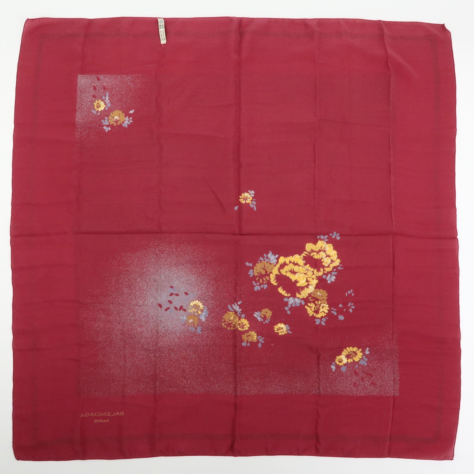 BALENCIAGA Silk 100% Scarf Floral Design Wine Red Yellow Blue