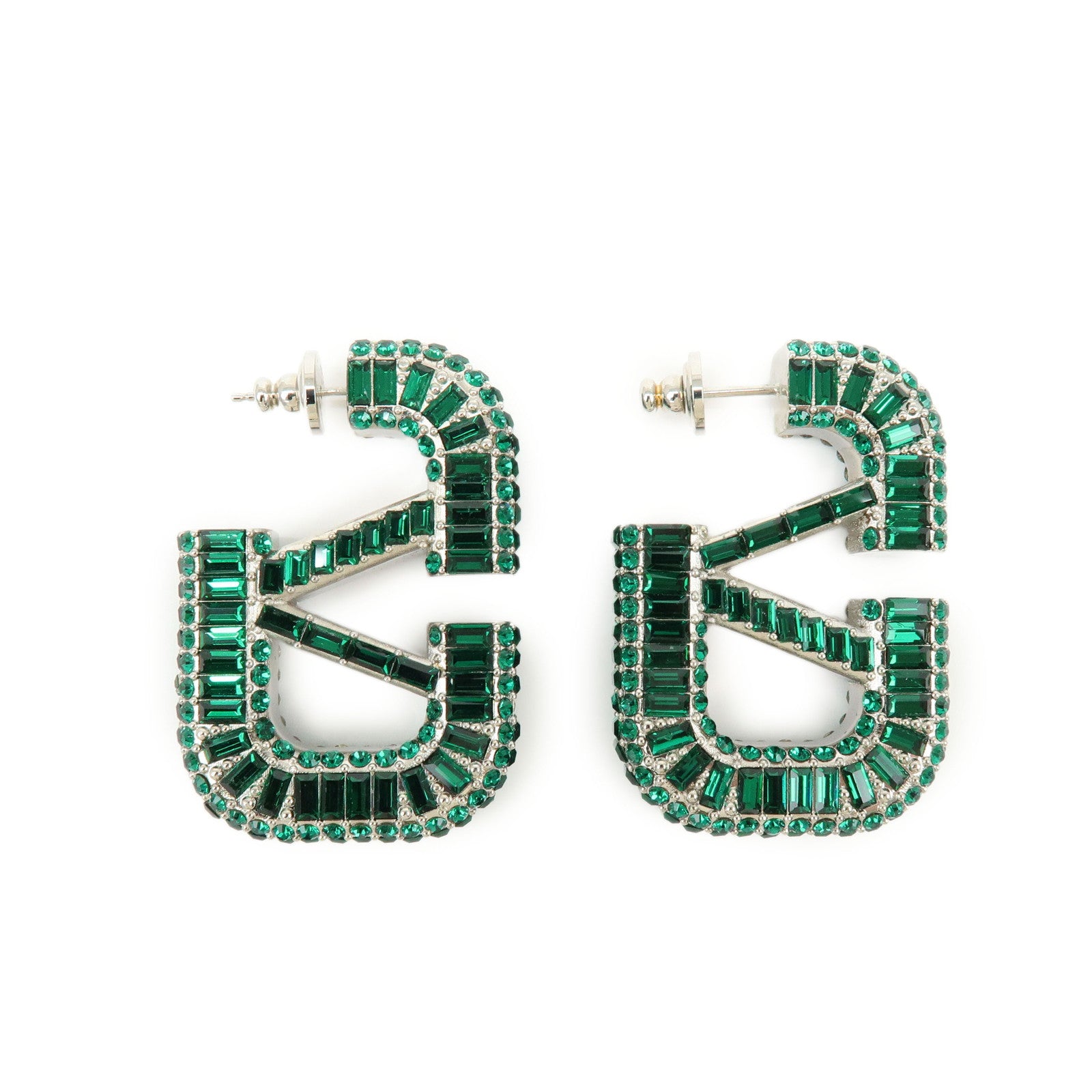 VALENTINO V Logo Signature Metal Rhinestone Earrings Green Silver