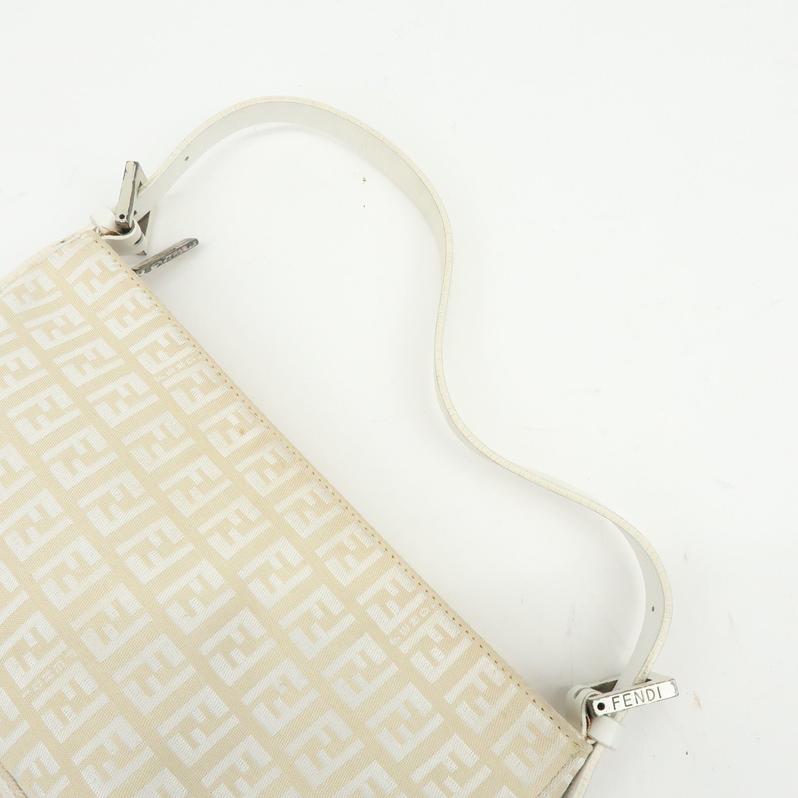 FENDI Zucchino Canvas Leather Shoulder Bag Hand Bag Beige White 8BR042