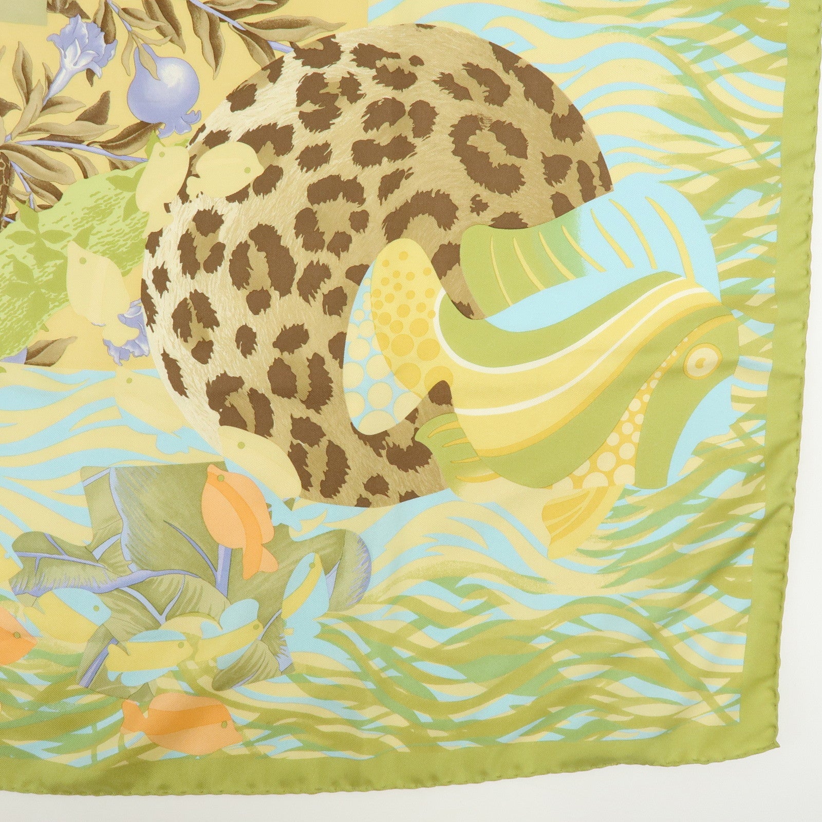 Ferragamo Set of 2 Silk 100% Scarf Tiger Elephant Print Light Green