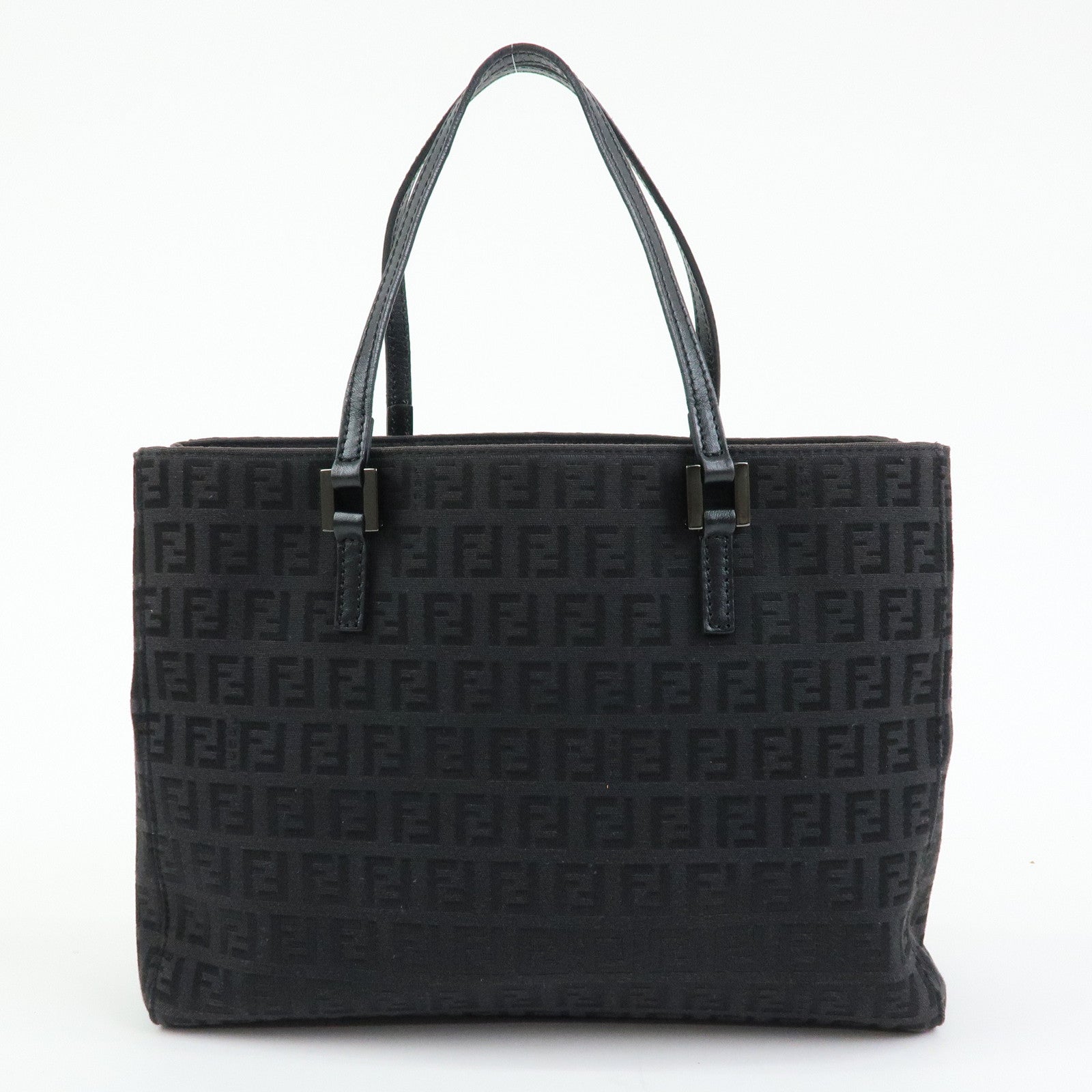 FENDI Zucchino Canvas Leather Hand Bag Tote Bag Black 8BH132