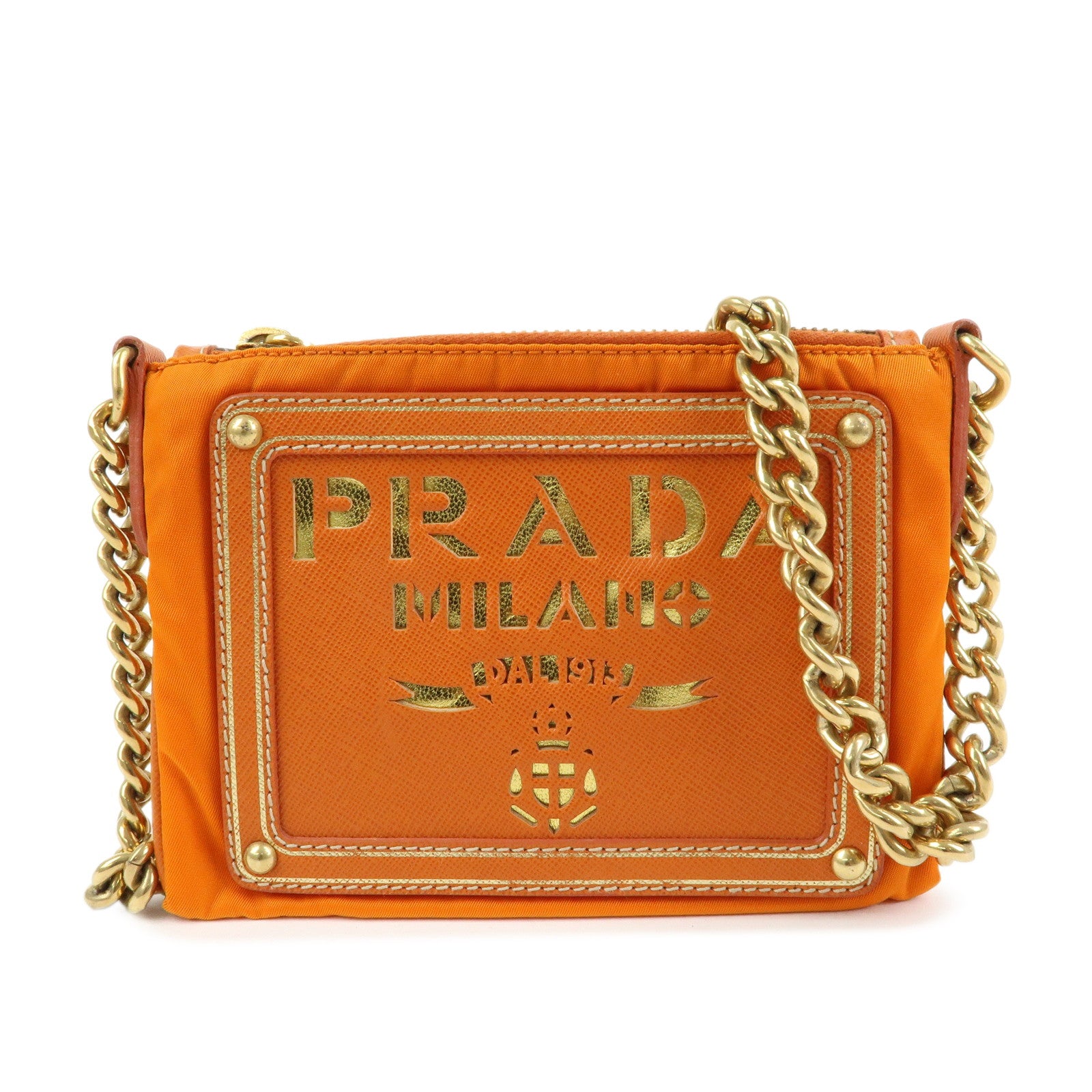 PRADA Nylon Leather Chain Shoulder Bag Crossbody Bag Papaya Orange