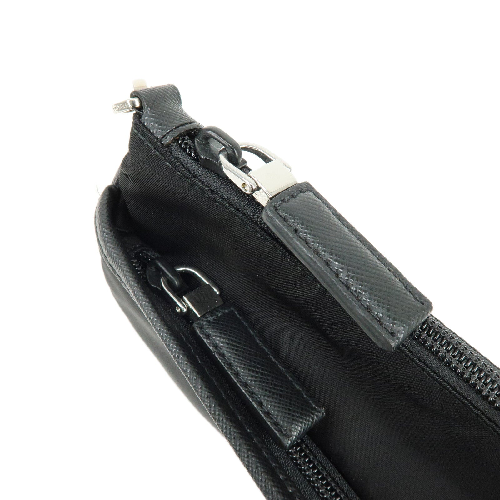 PRADA Triangle Logo Nylon Saffiano Leather Clutch Bag Black 2VN012