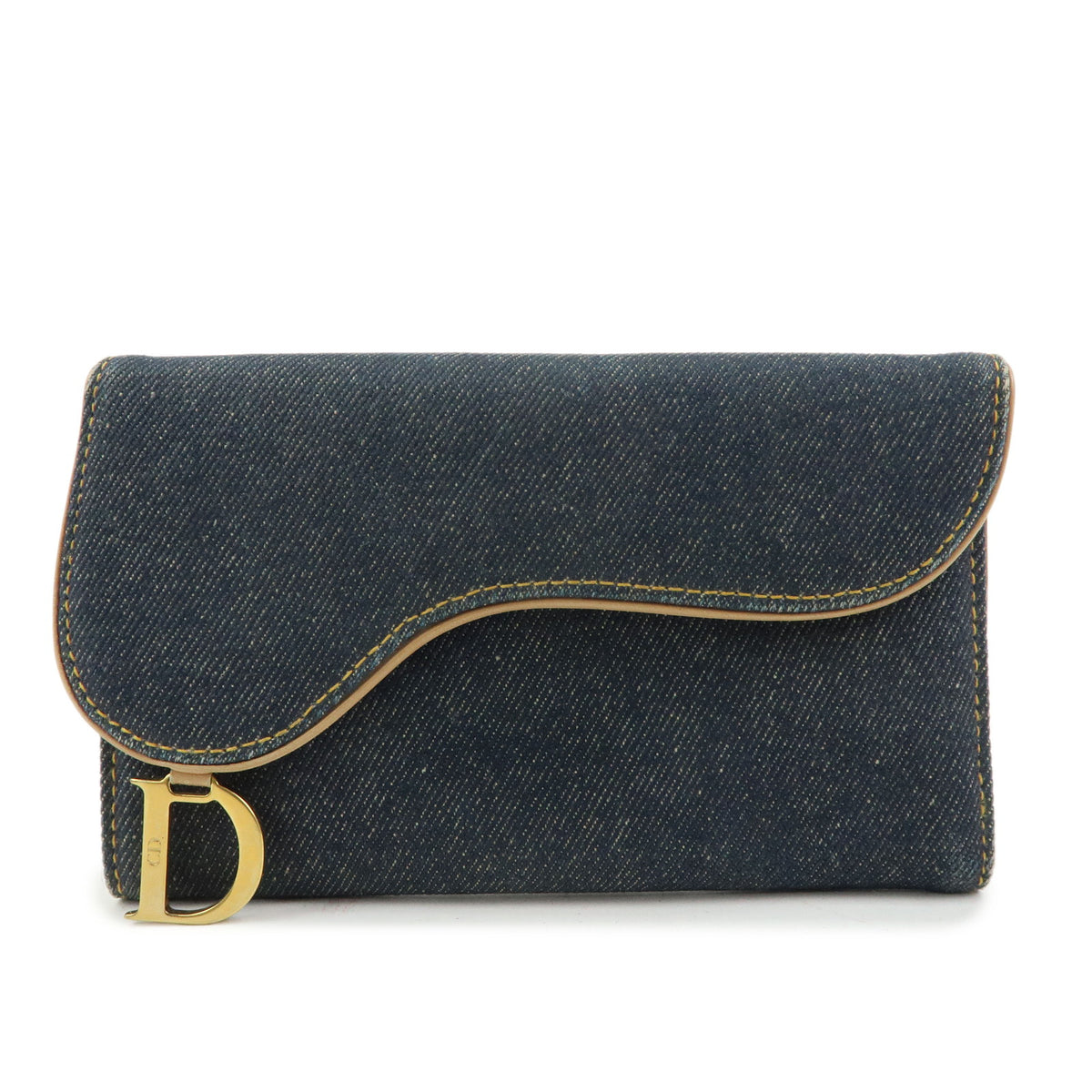 Christian Dior Saddle Denim Leather Bi-fold Long Wallet Blue