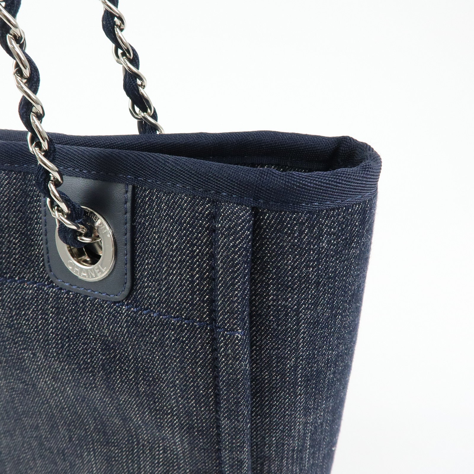 CHANEL Deauville PM Denim Calf Leather Chain Tote Bag Indigo A66939