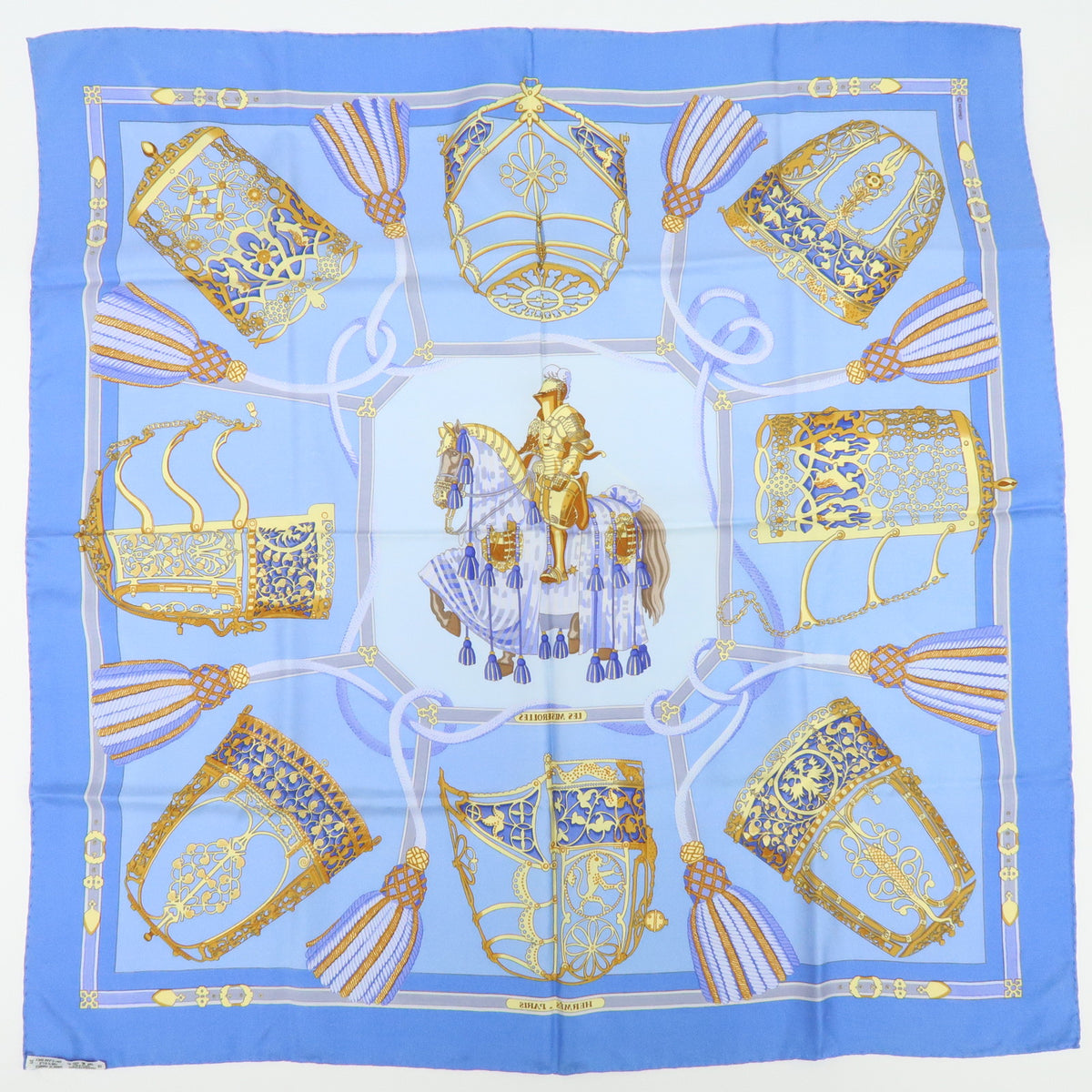 HERMES Carre 90 Lot of 3 Silk 100% Scarf Navy Light Blue Gold