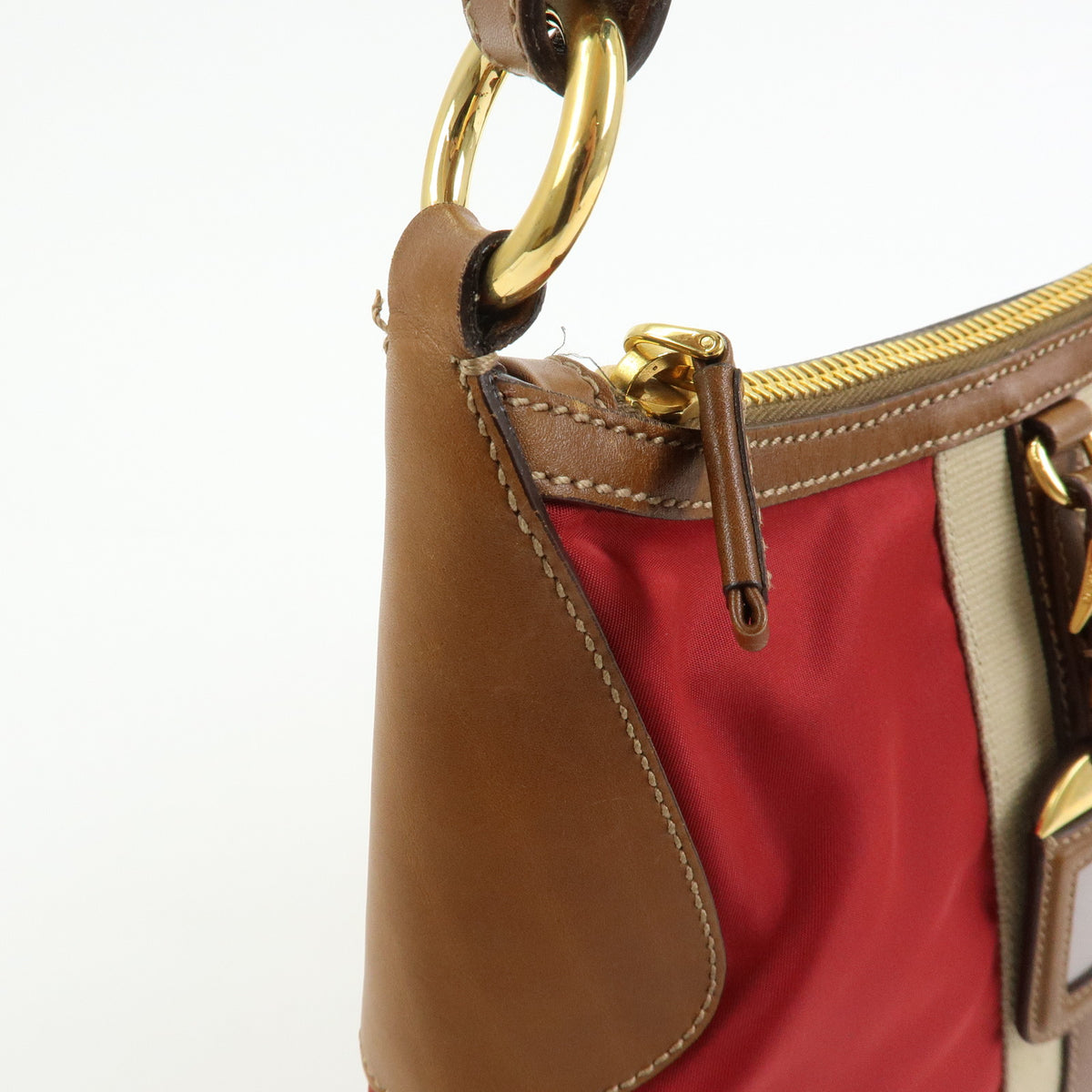PRADA Triangle Logo Nylon Leather Shoulder Bag Red Beige Brown