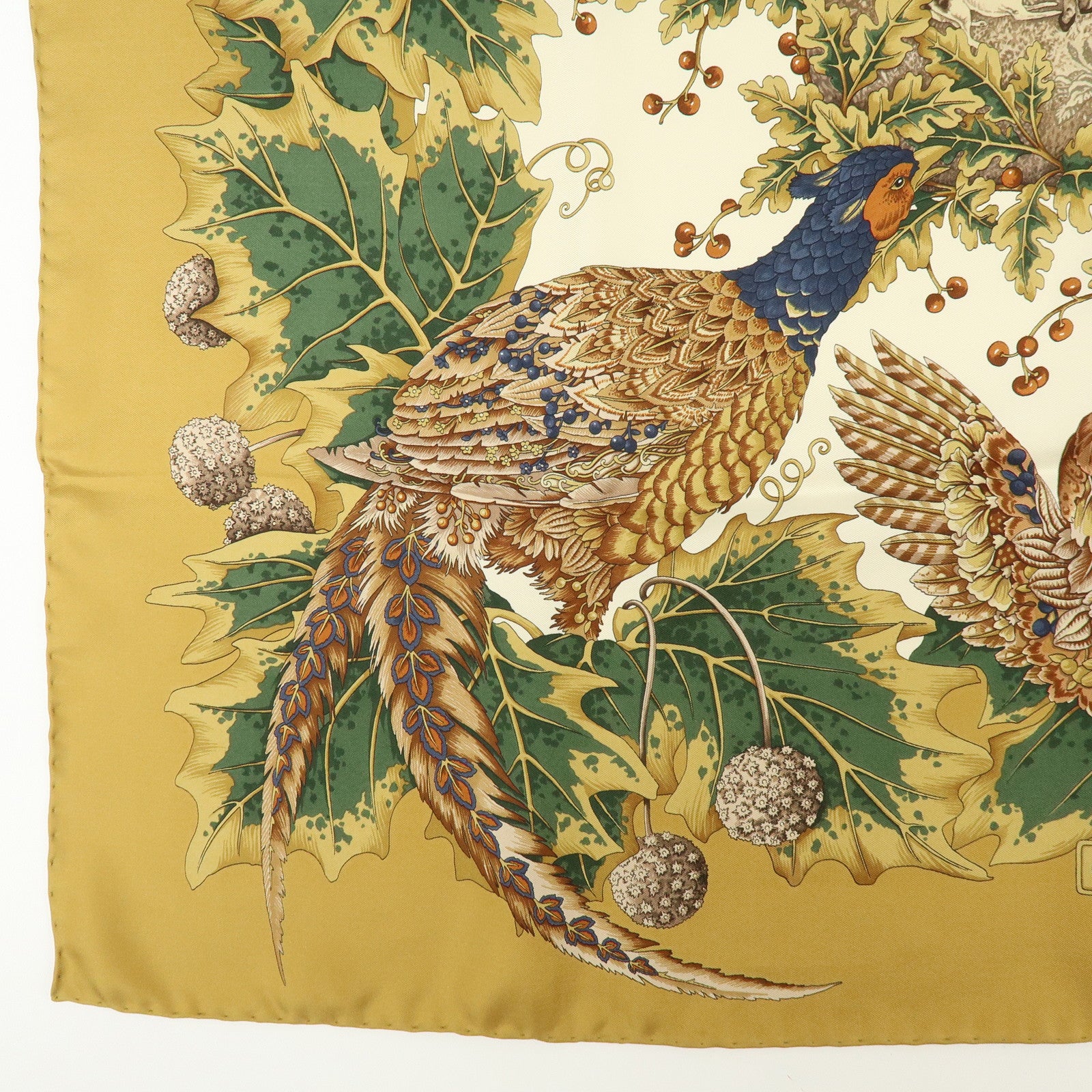 Ferragamo Silk 100% Scarf Bird Print Khaki Brown
