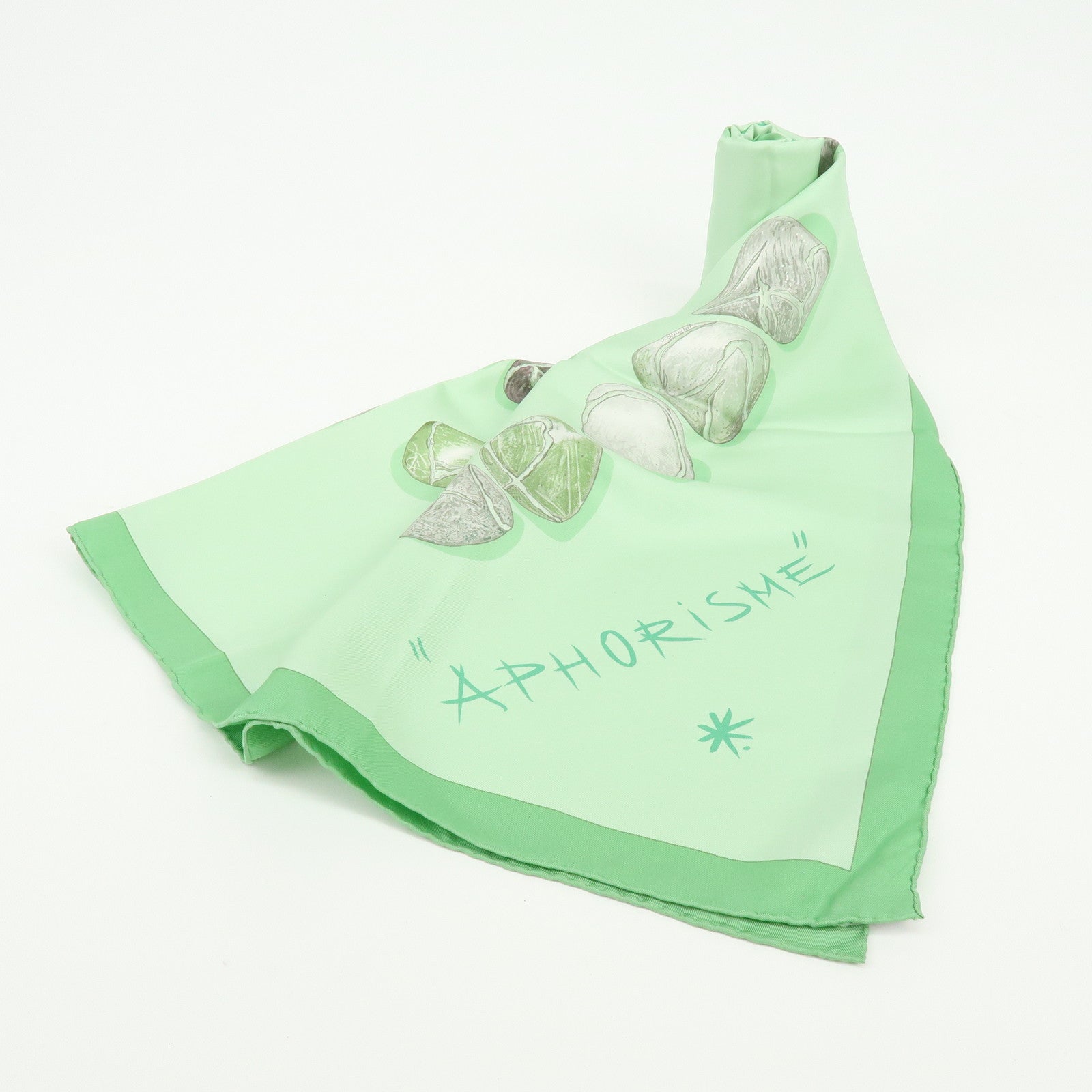 HERMES Carre 90 Silk 100% Scarf APHORISME Pebble Motif Light Green Gray