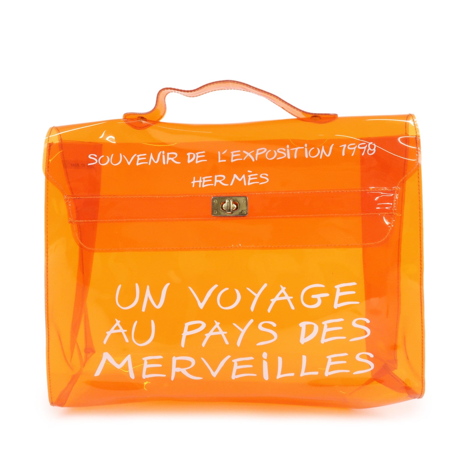 HERMES Vinyl Kelly Hand Bag Clear Orange Gold Hardware Used