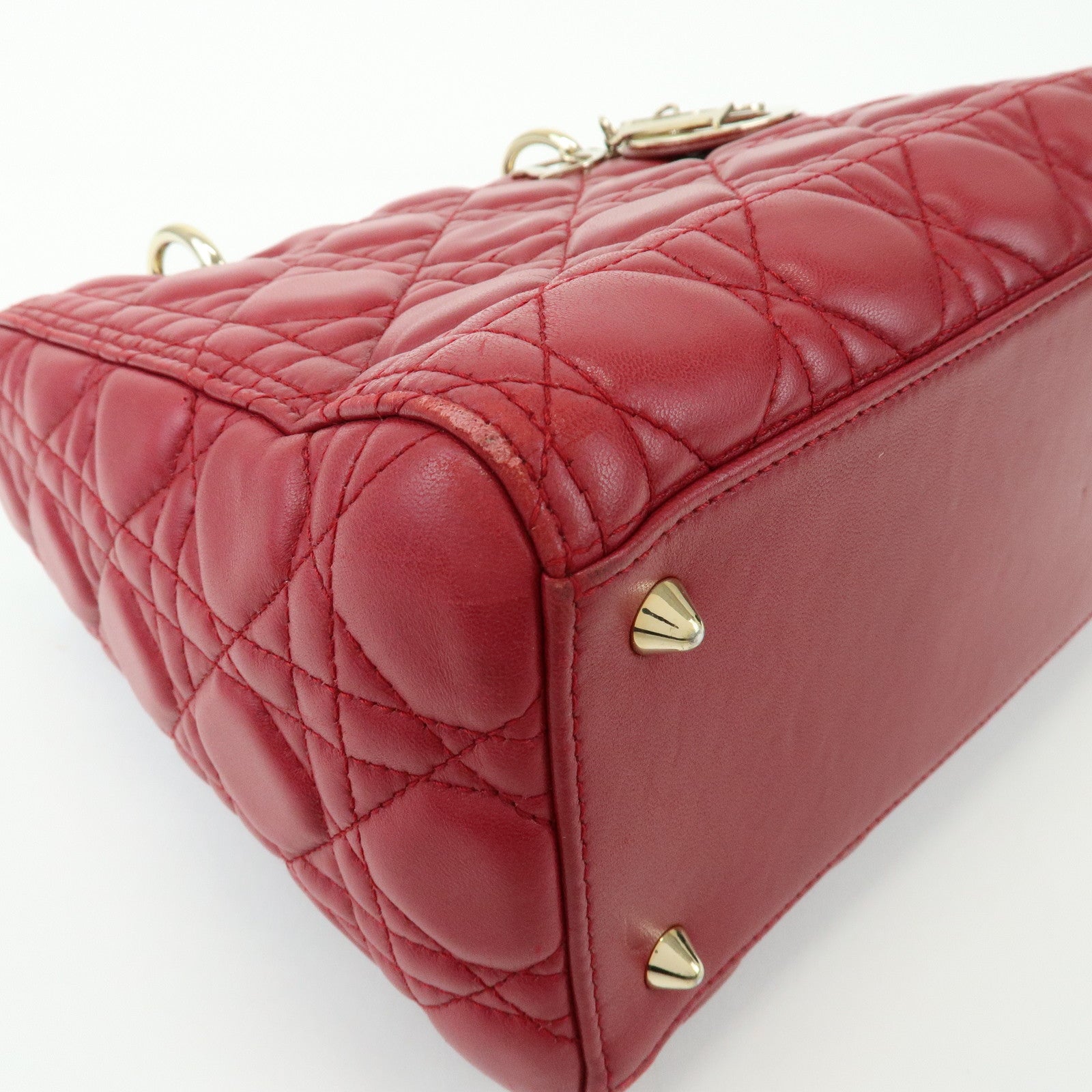 Christian Dior Lady Dior Cannage Lamb Skin Hand Bag Red