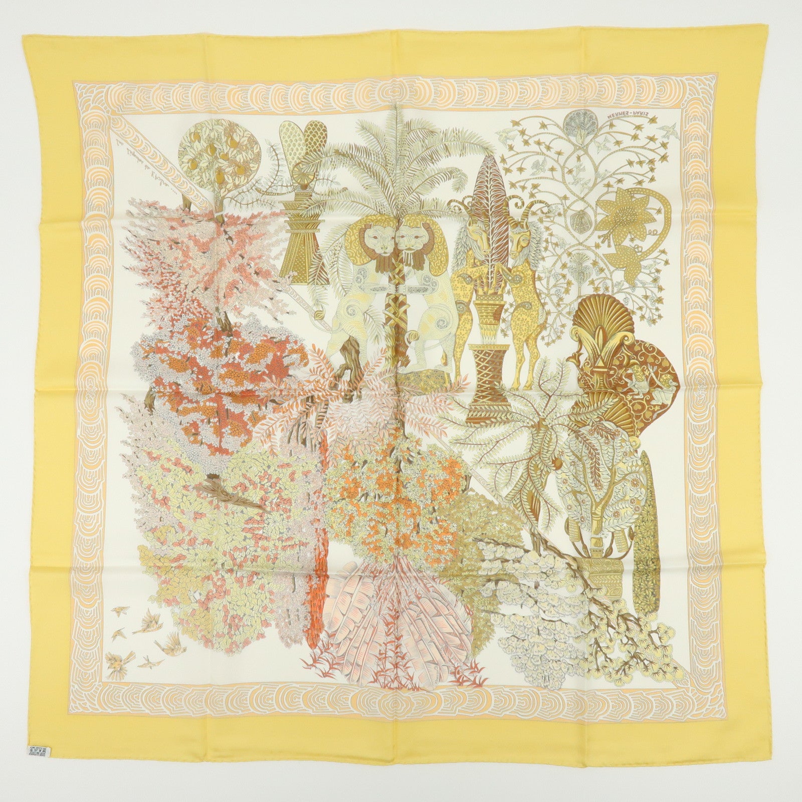 HERMES Carre 90 Silk 100% Scarf LES LEJENDES DE L'ARBRE Yellow Brown