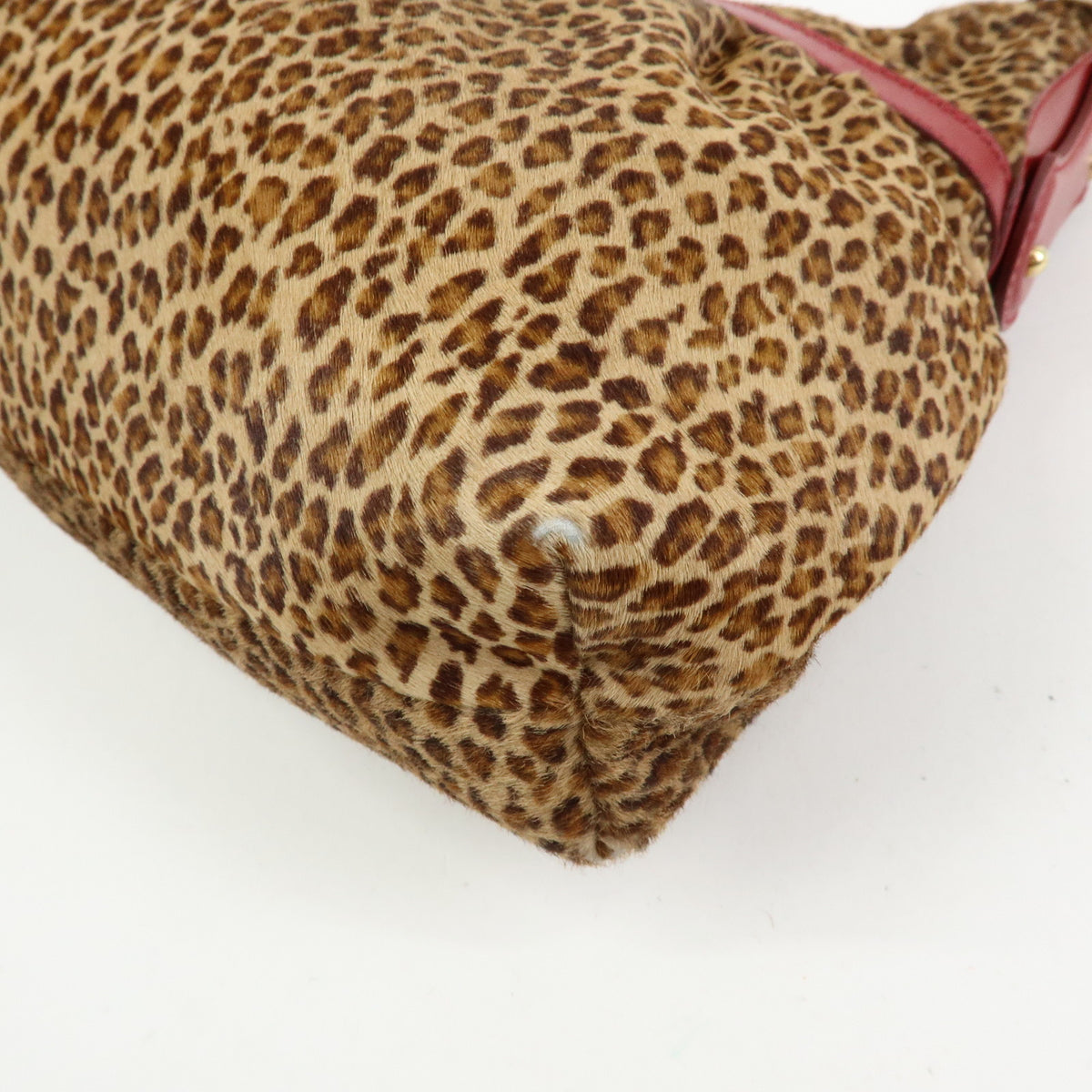 FENDI Pony Hair Leather Leopard Shoulder Bag Hand Bag Brown Red 8BR448