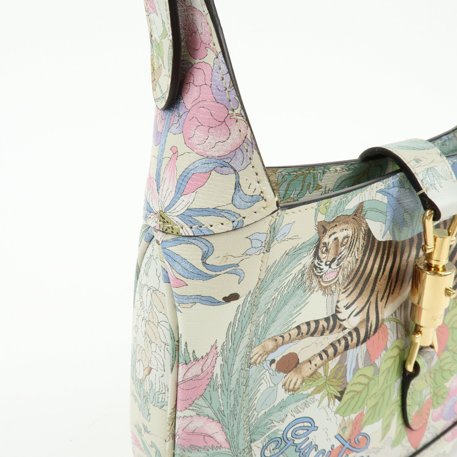 GUCCI Jackie 1961 Tiger Leather Shoulder Bag White Multicolor 636709