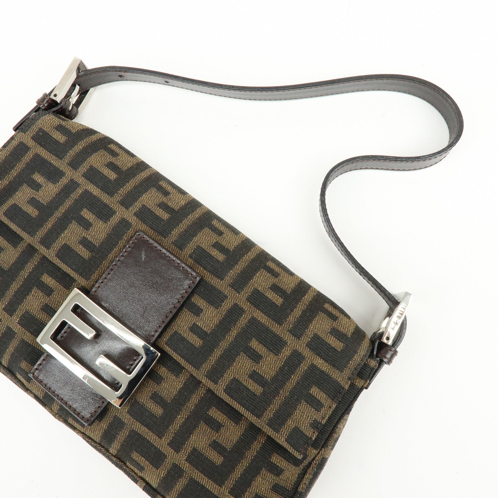 FENDI Mamma Baguette Jacquard Canvas Leather Shoulder Bag 26424