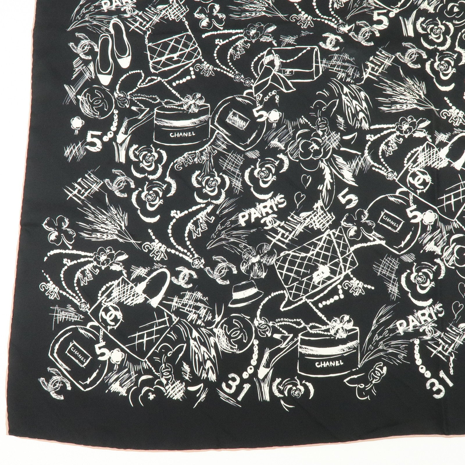 CHANEL Silk 100% Scarf Iconographic Pattern Black White Pink