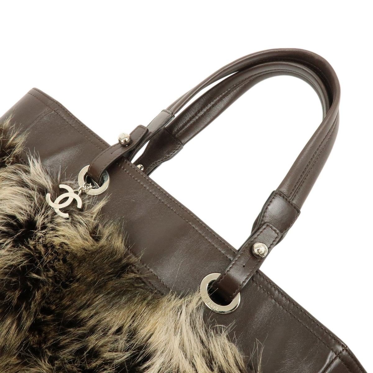 CHANEL Paris Biarritz Fur Leather Tote Bag Shoulder Bag Brown Beige