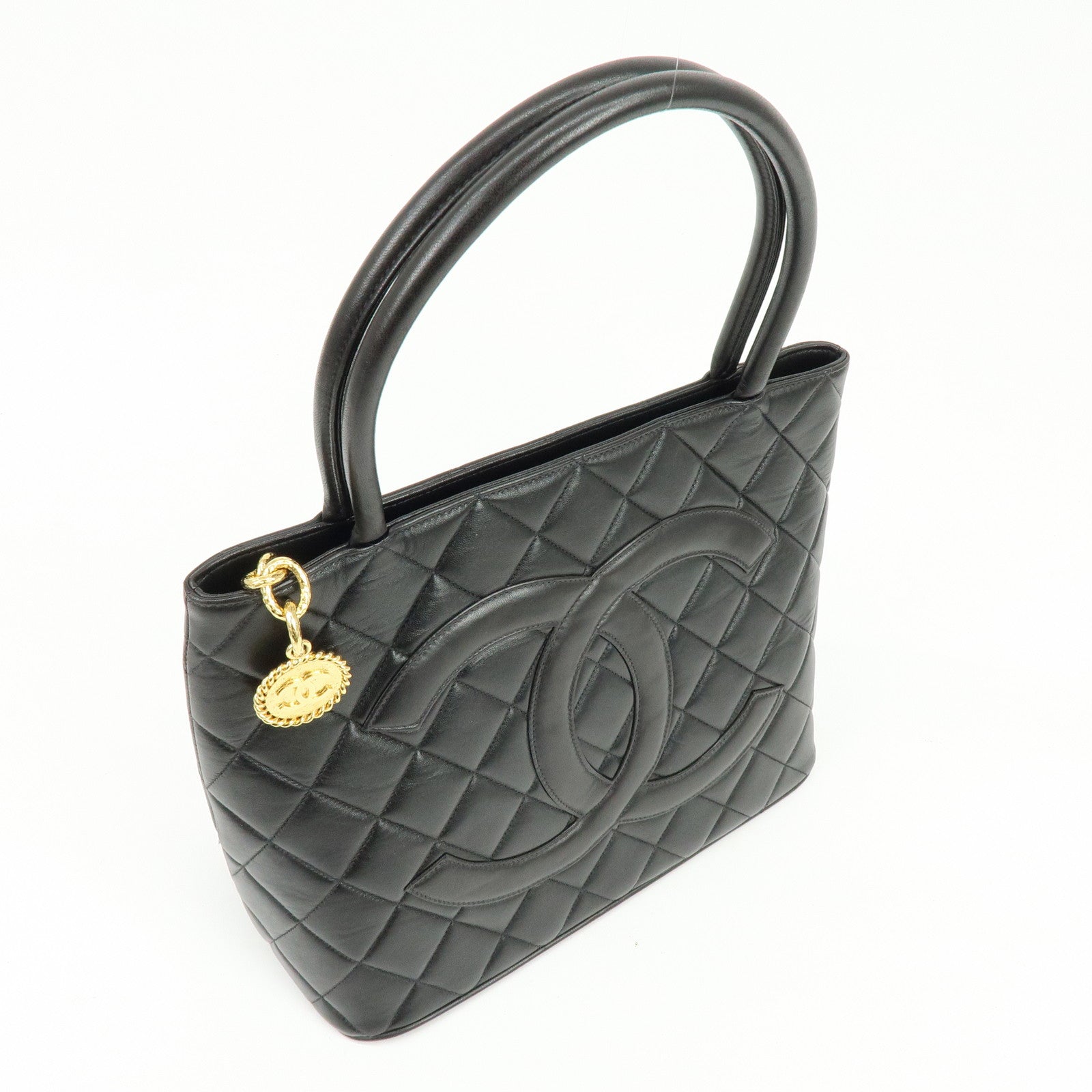 CHANEL Matelasse COCO Mark Calf Skin Medallion Tote Bag Black A01804