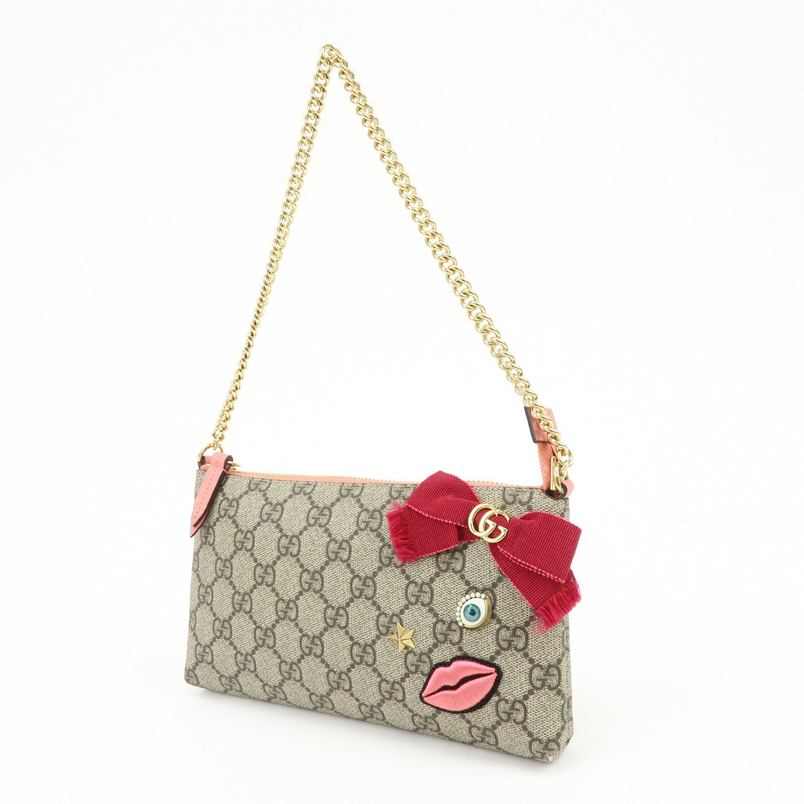 GUCCI Double G GG Supreme Leather Chain Shoulder Bag Ribbon Pink 431396