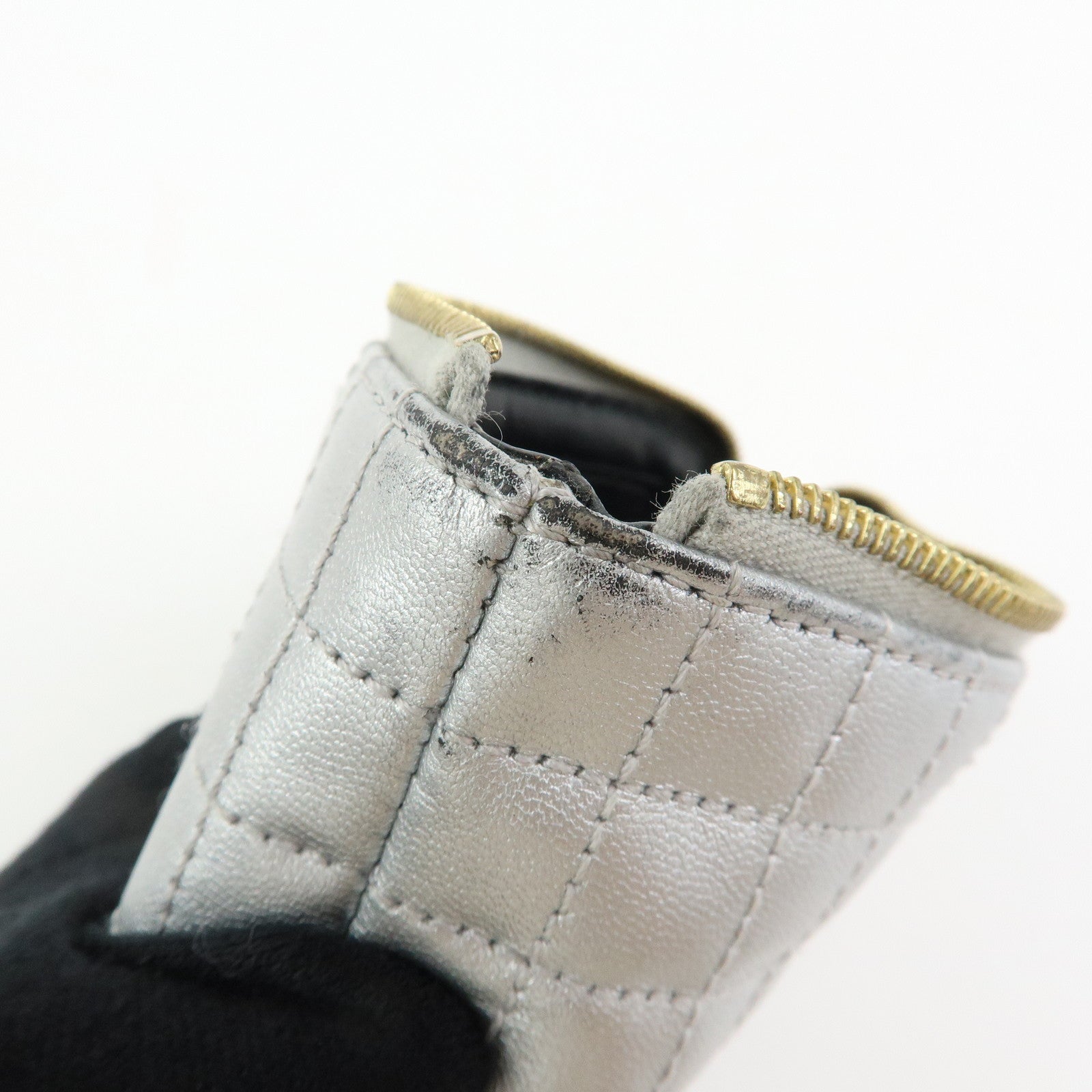CELINE Leather C Charm Coin Case Coin Purse Metallic Silver