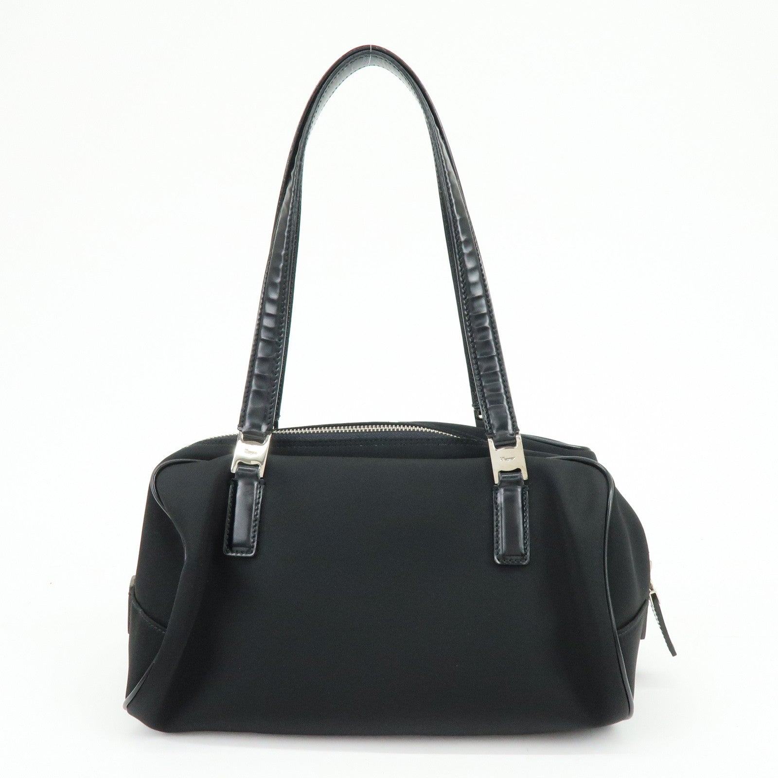 Ferragamo Nylon Leather Hand Bag Mini Boston Bag Black