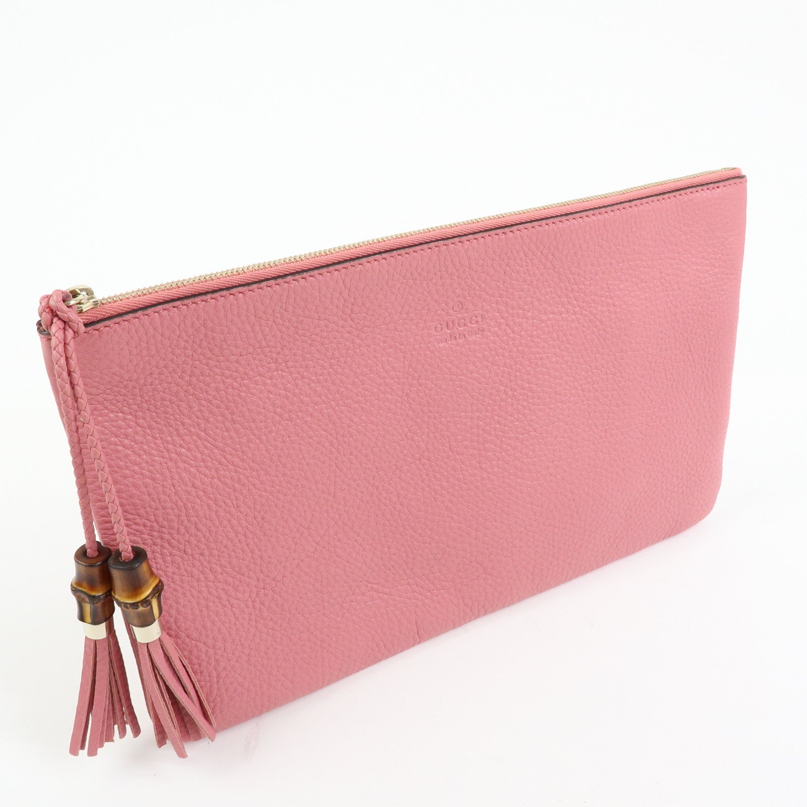 GUCCI Bamboo Leather Clutch Bag Pouch Tassel Charm Pink 376858