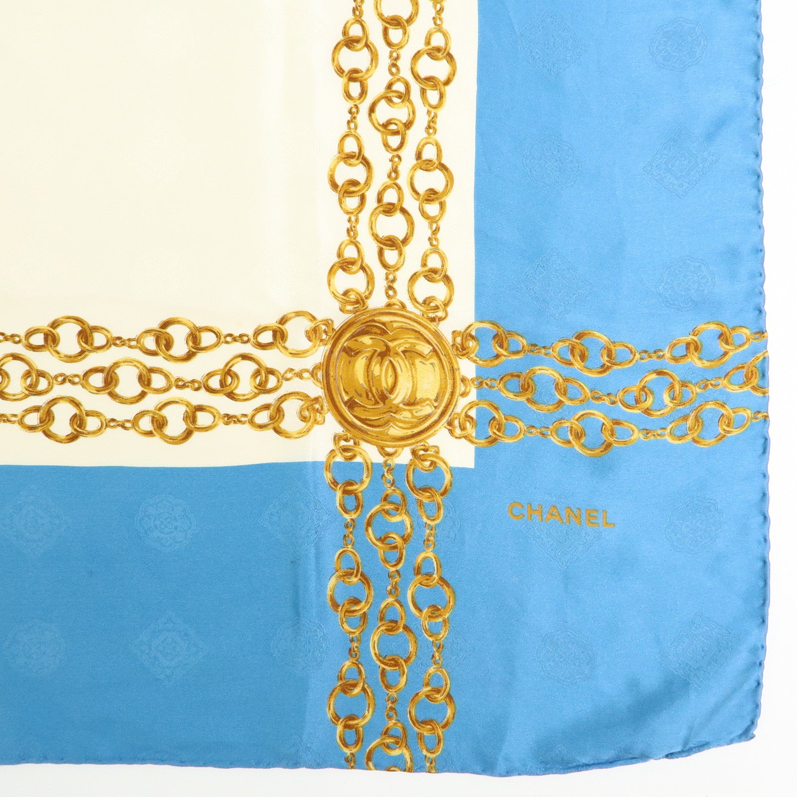 CHANEL Silk 100% Scarf  Gold Chain Motif Light Blue White